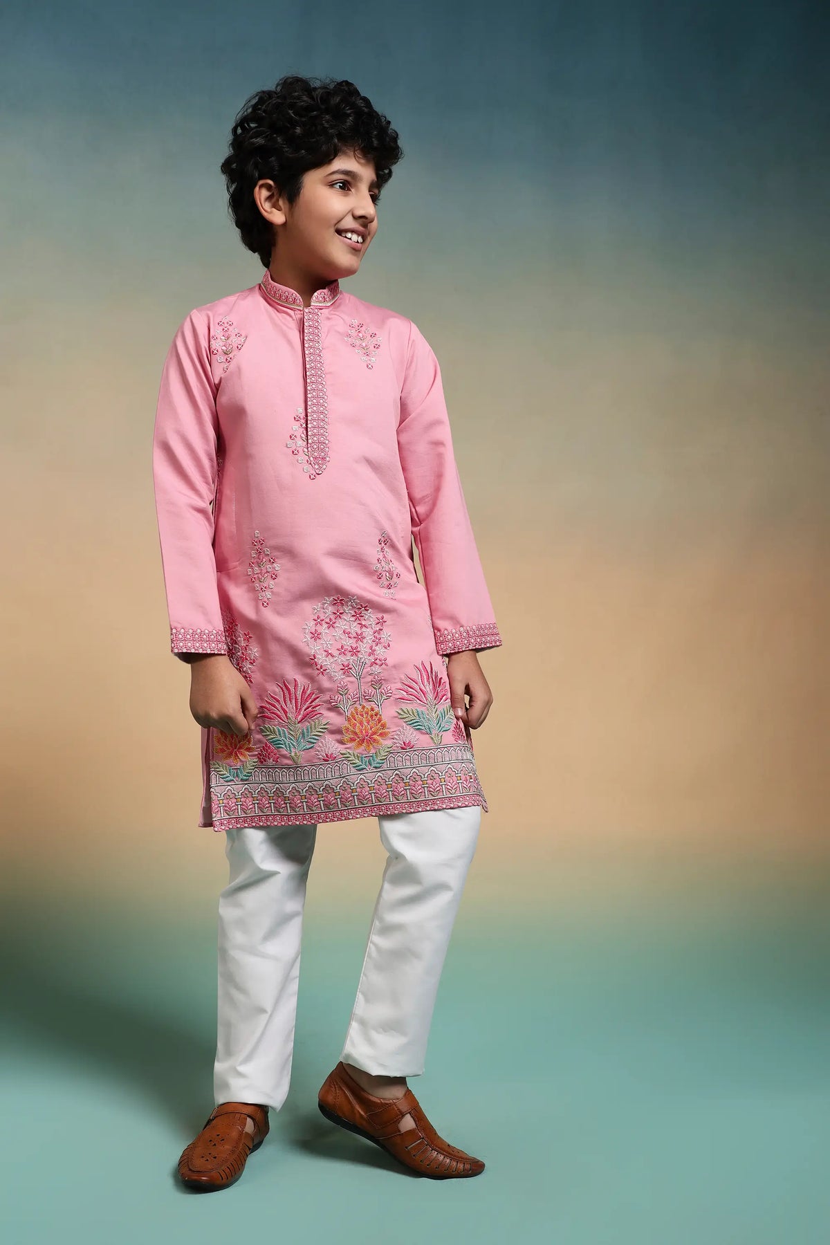 Light Pink Embroidered Kids Kurta Set