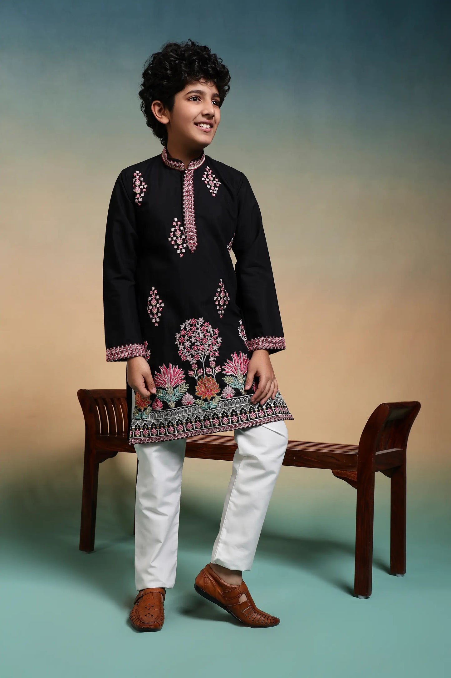 Black Embroidered Kids Kurta Set