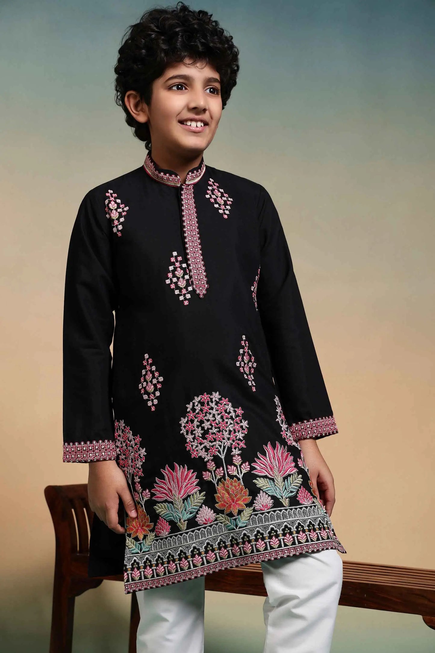 Black Embroidered Kids Kurta Set