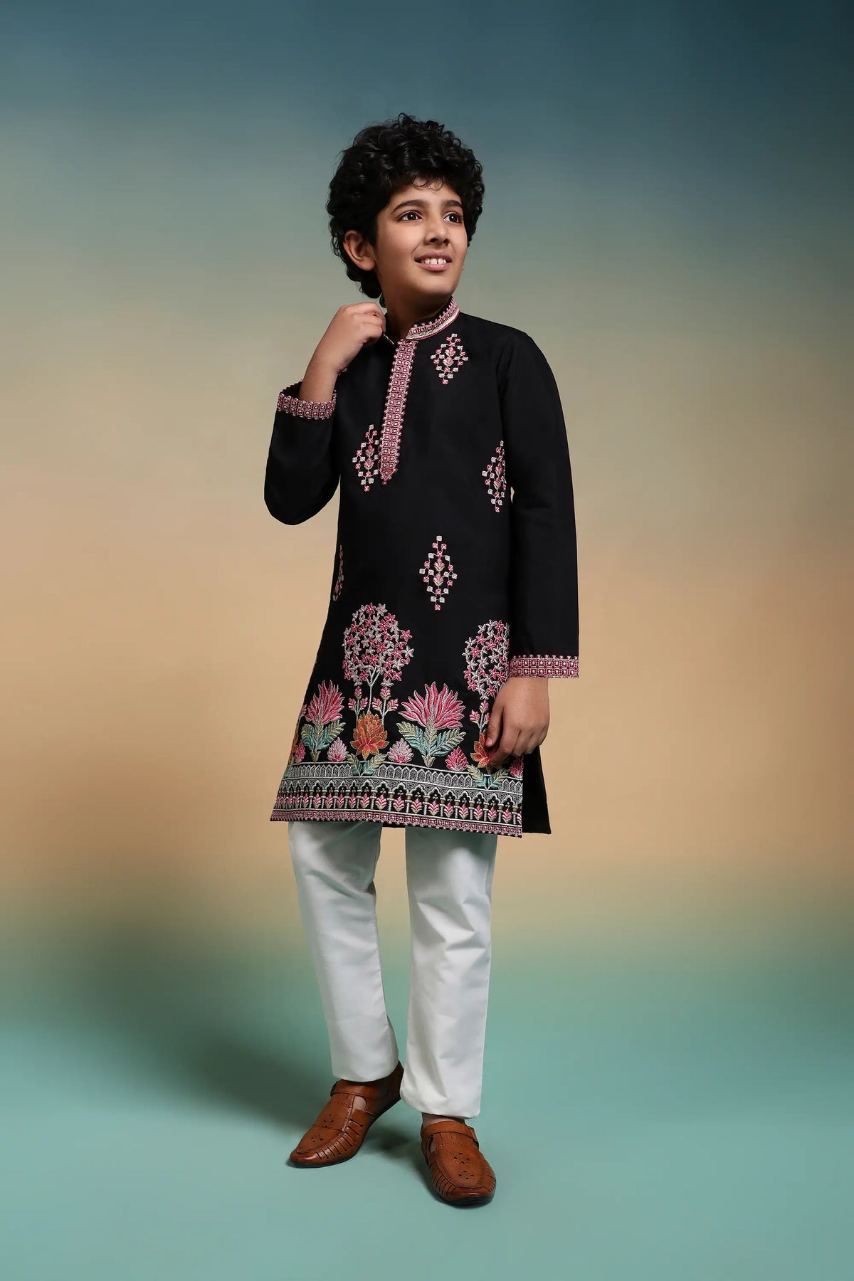Black Embroidered Kids Kurta Set