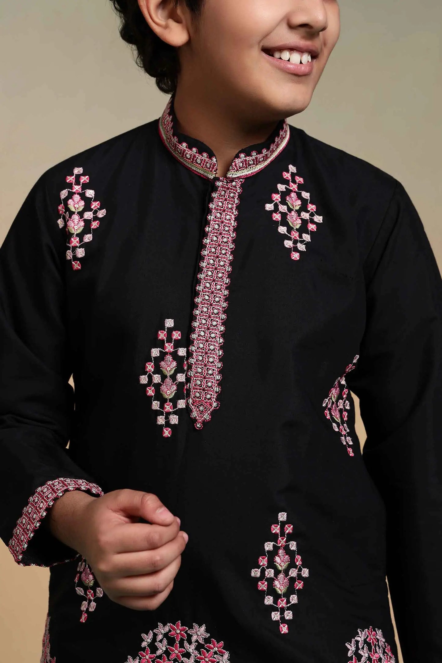 Black Embroidered Kids Kurta Set