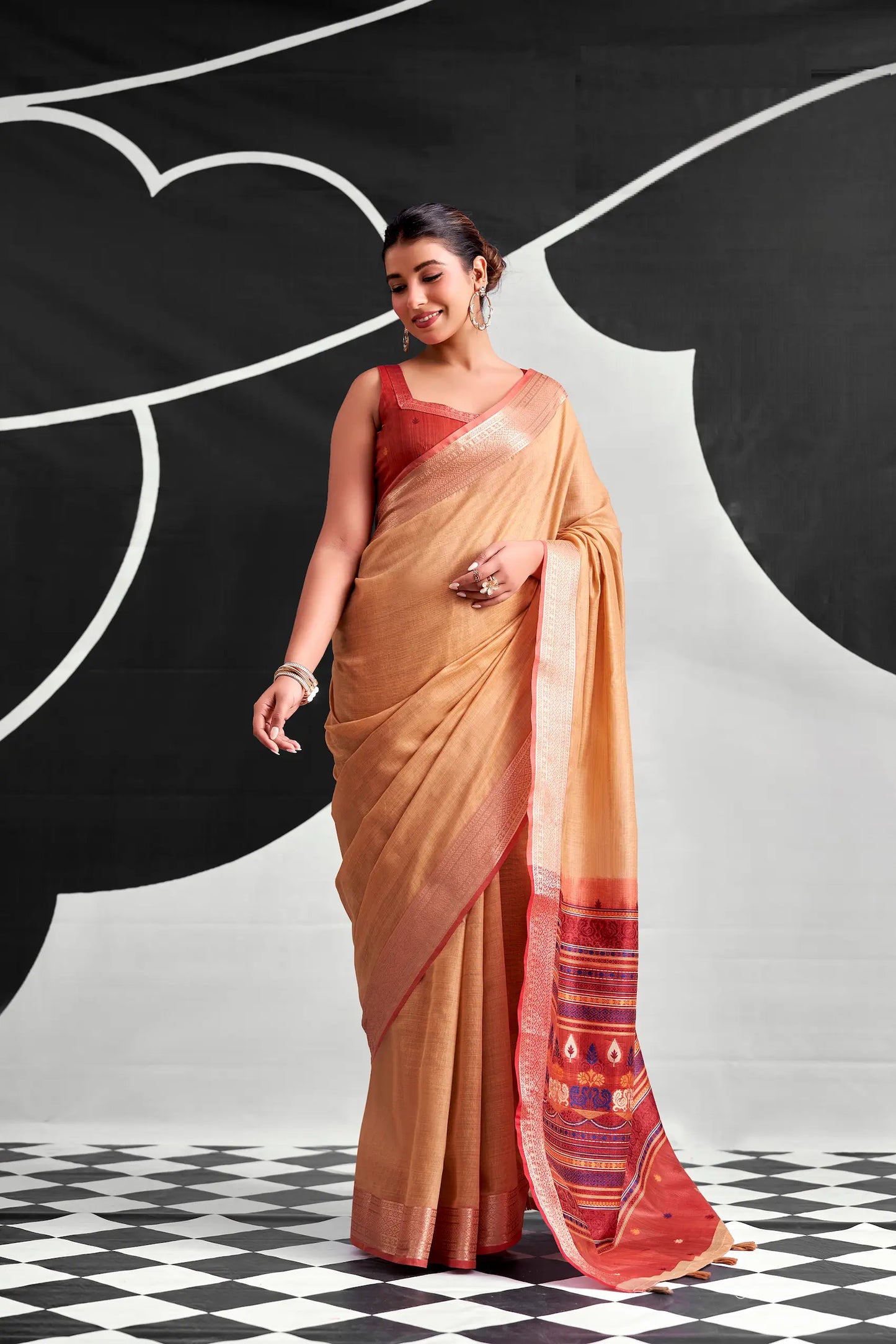 Dusty Peach Modal Cotton Weaving Saree