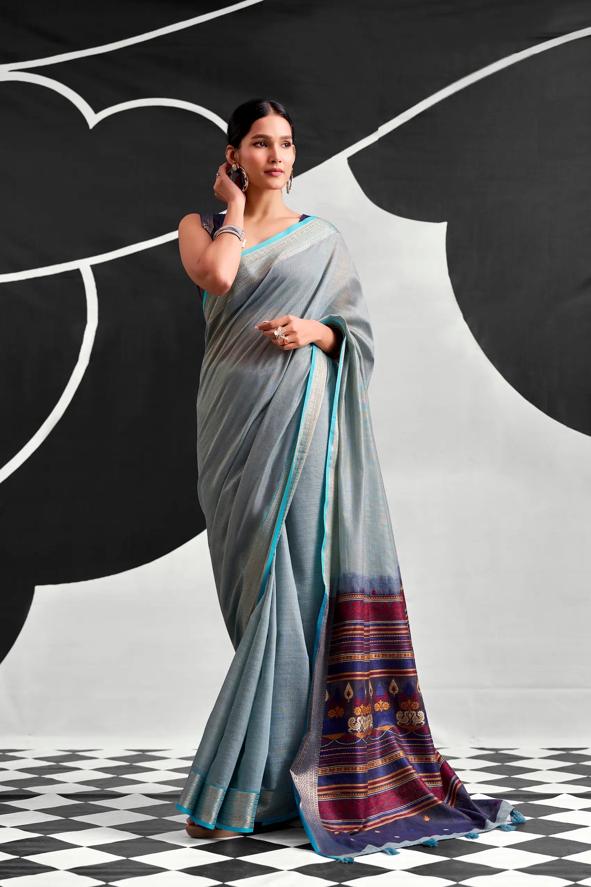 Steel Blue Modal Cotton Weaving Saree