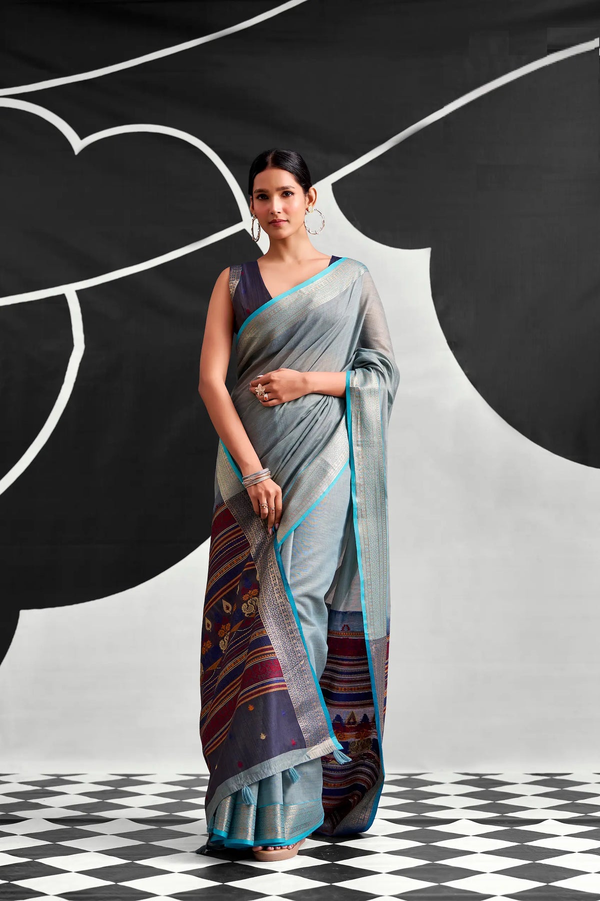 Steel Blue Modal Cotton Weaving Saree