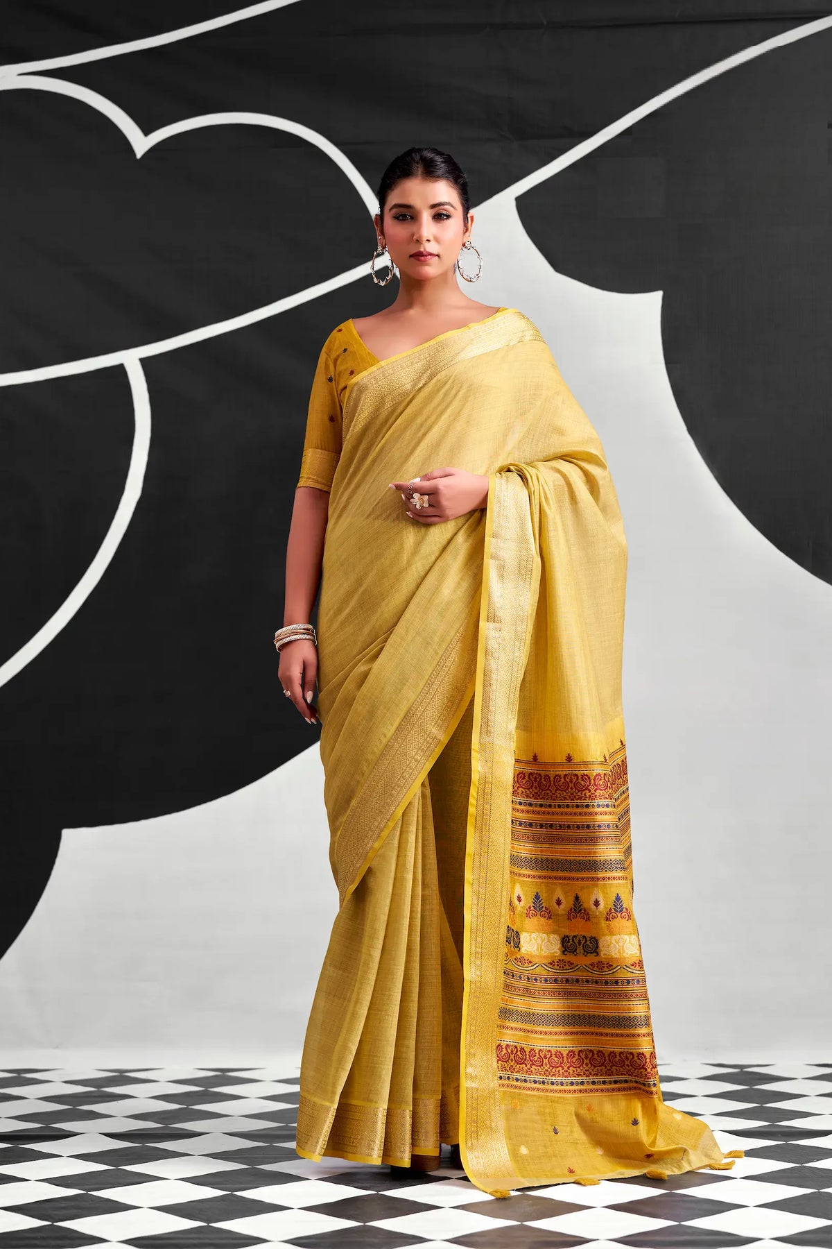 Lime Yellow Modal Cotton Weaving Saree