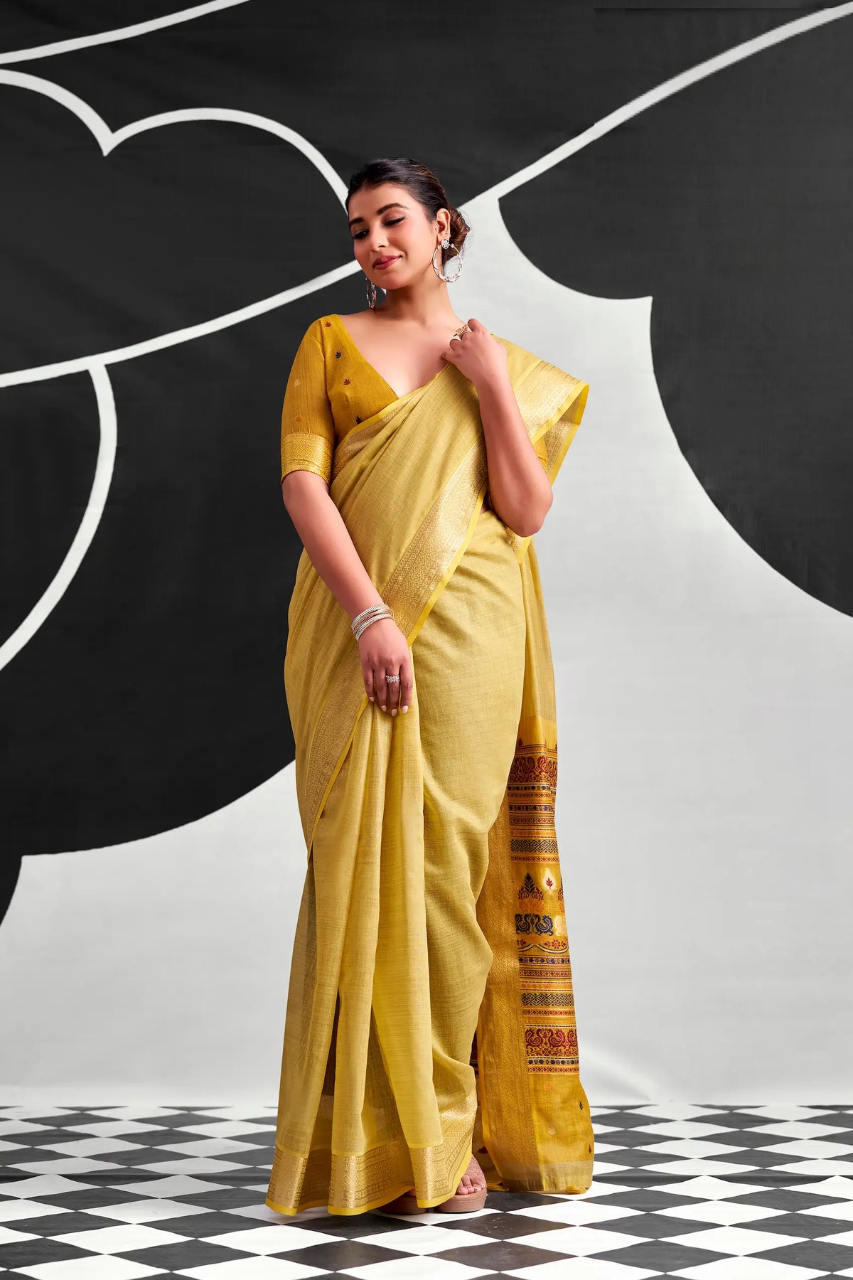 Lime Yellow Modal Cotton Weaving Saree