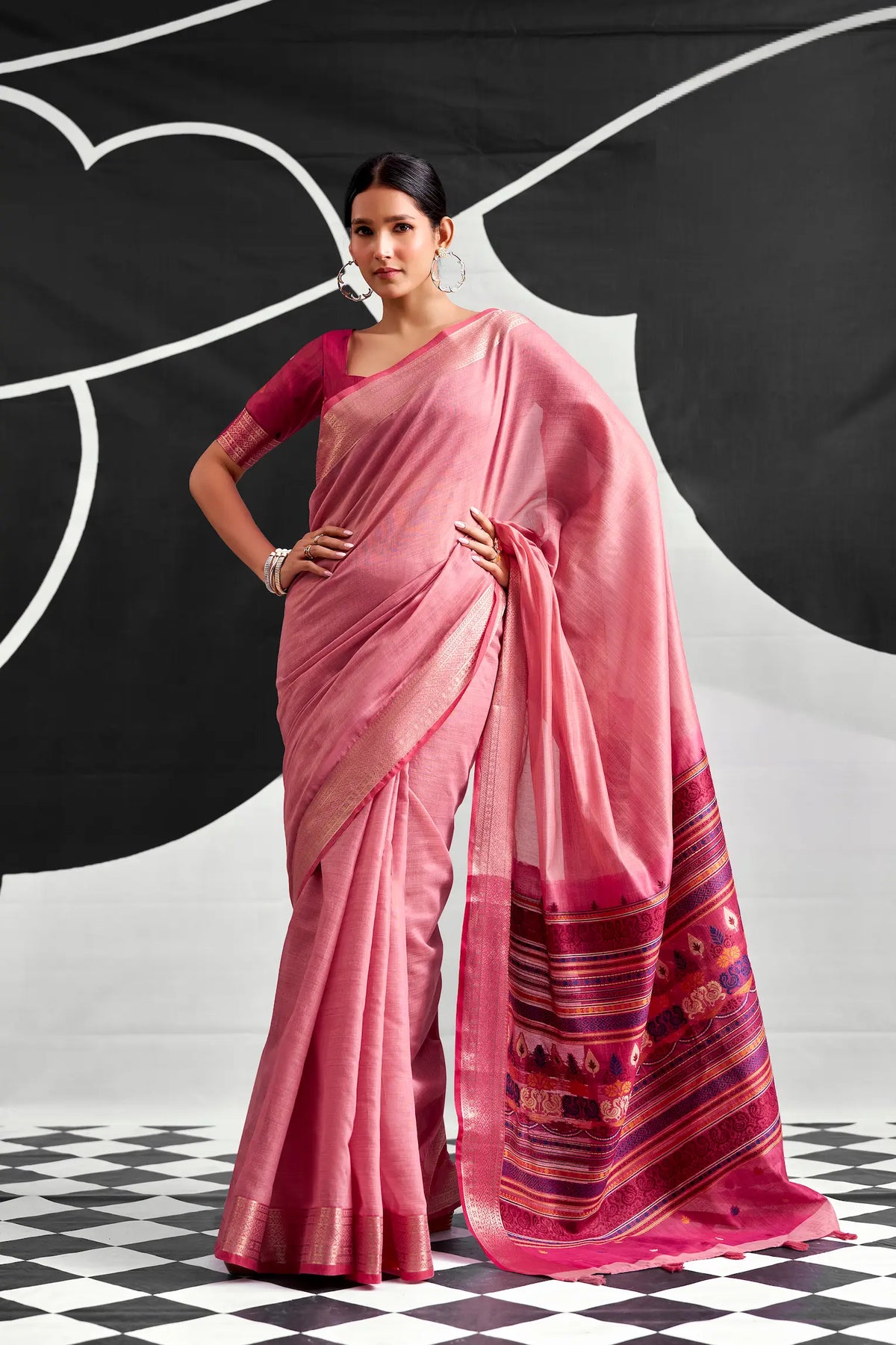 Rose Pink Modal Cotton Weaving Saree