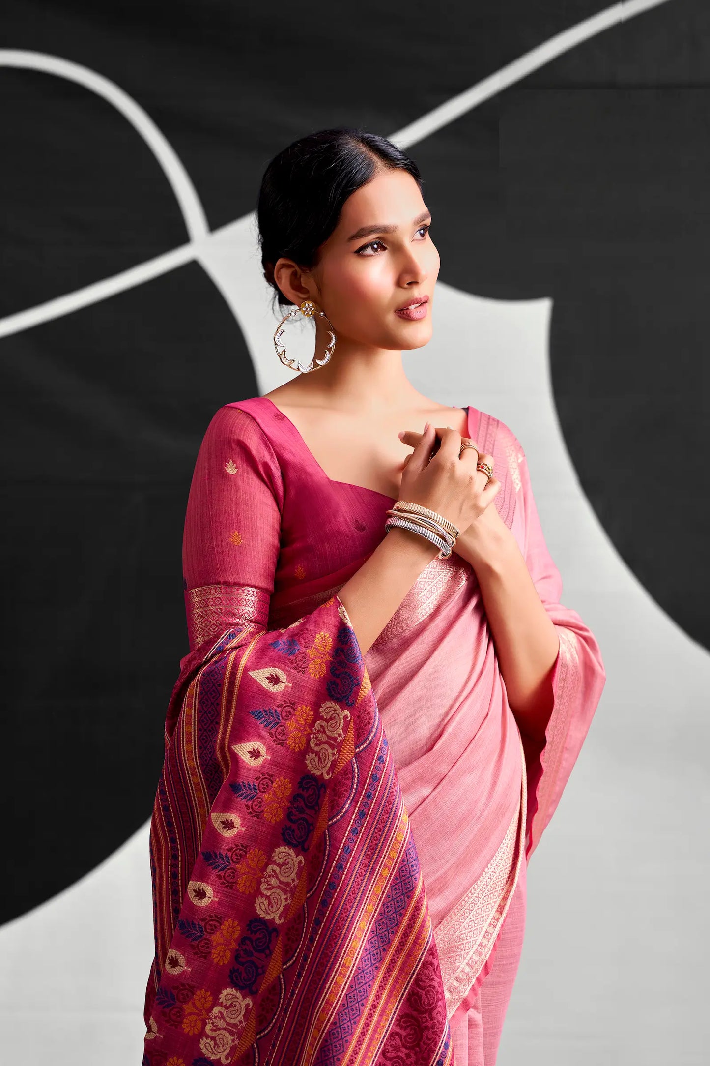 Rose Pink Modal Cotton Weaving Saree