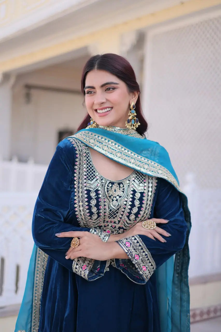 Deep Teal Velvet Embroidery Salwar Suit