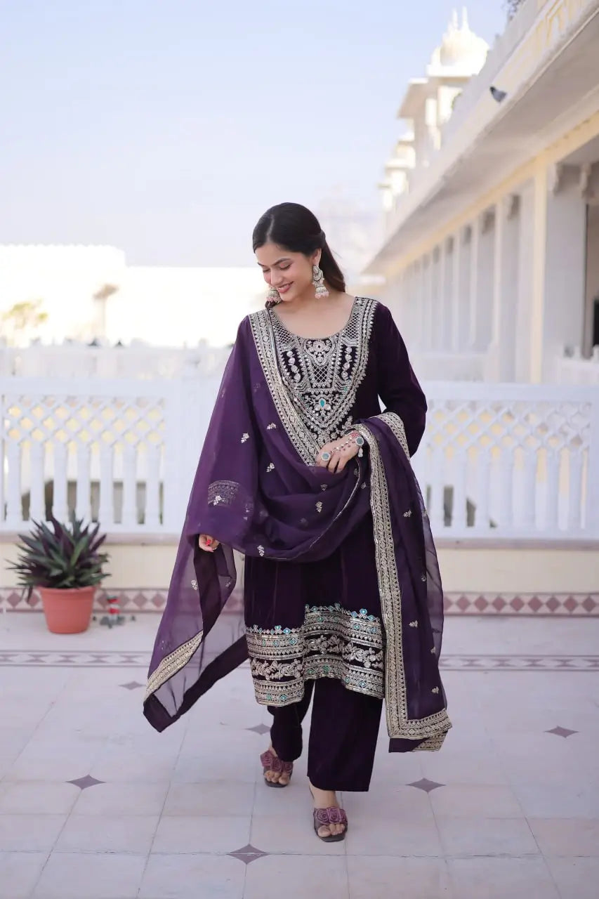 Wine Berry Velvet Embroidery Salwar Suit