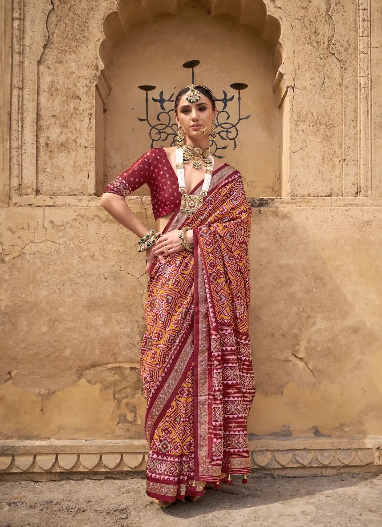 Mustard-Maroon Silk Patola Saree