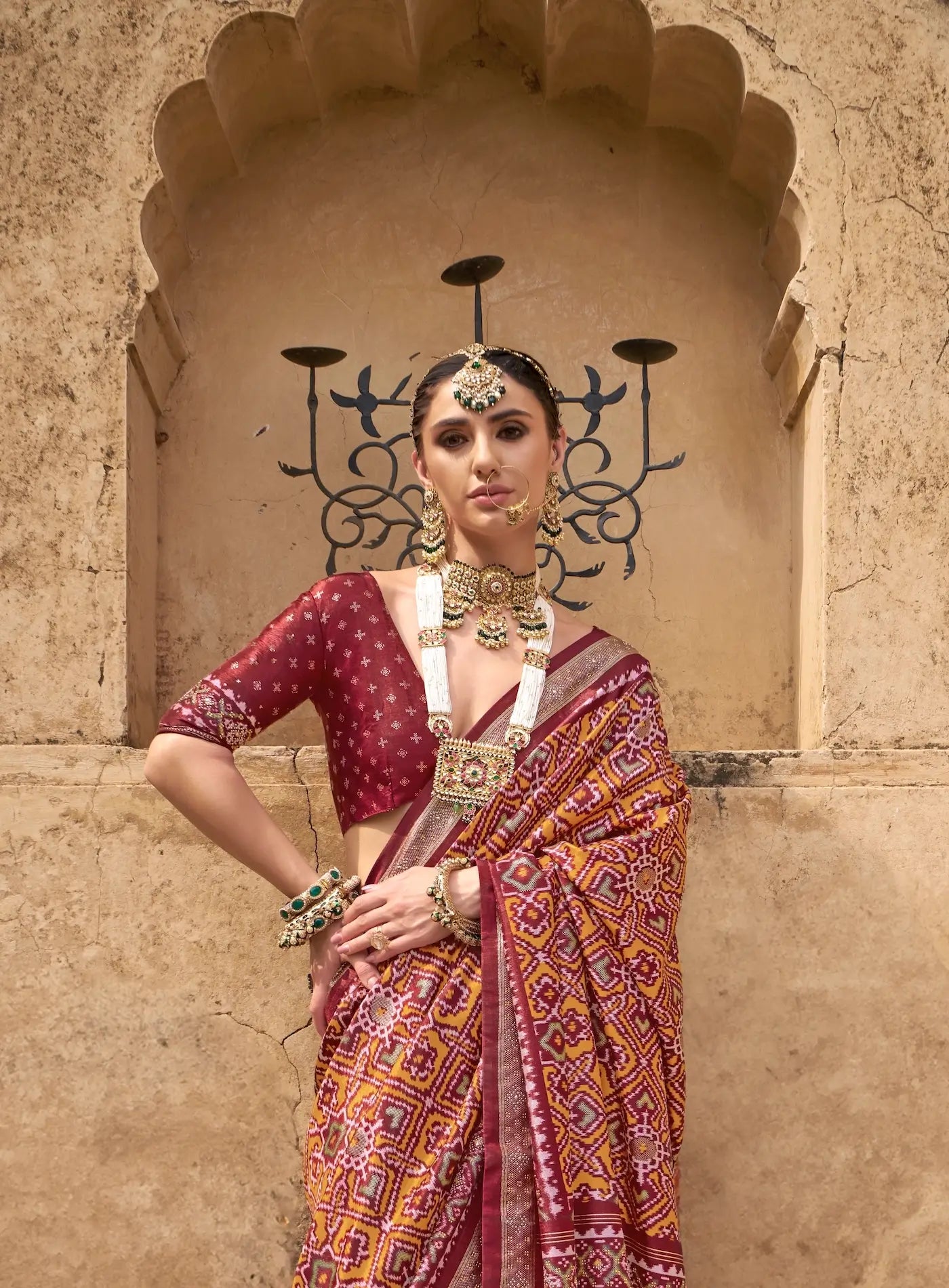 Mustard-Maroon Silk Patola Saree