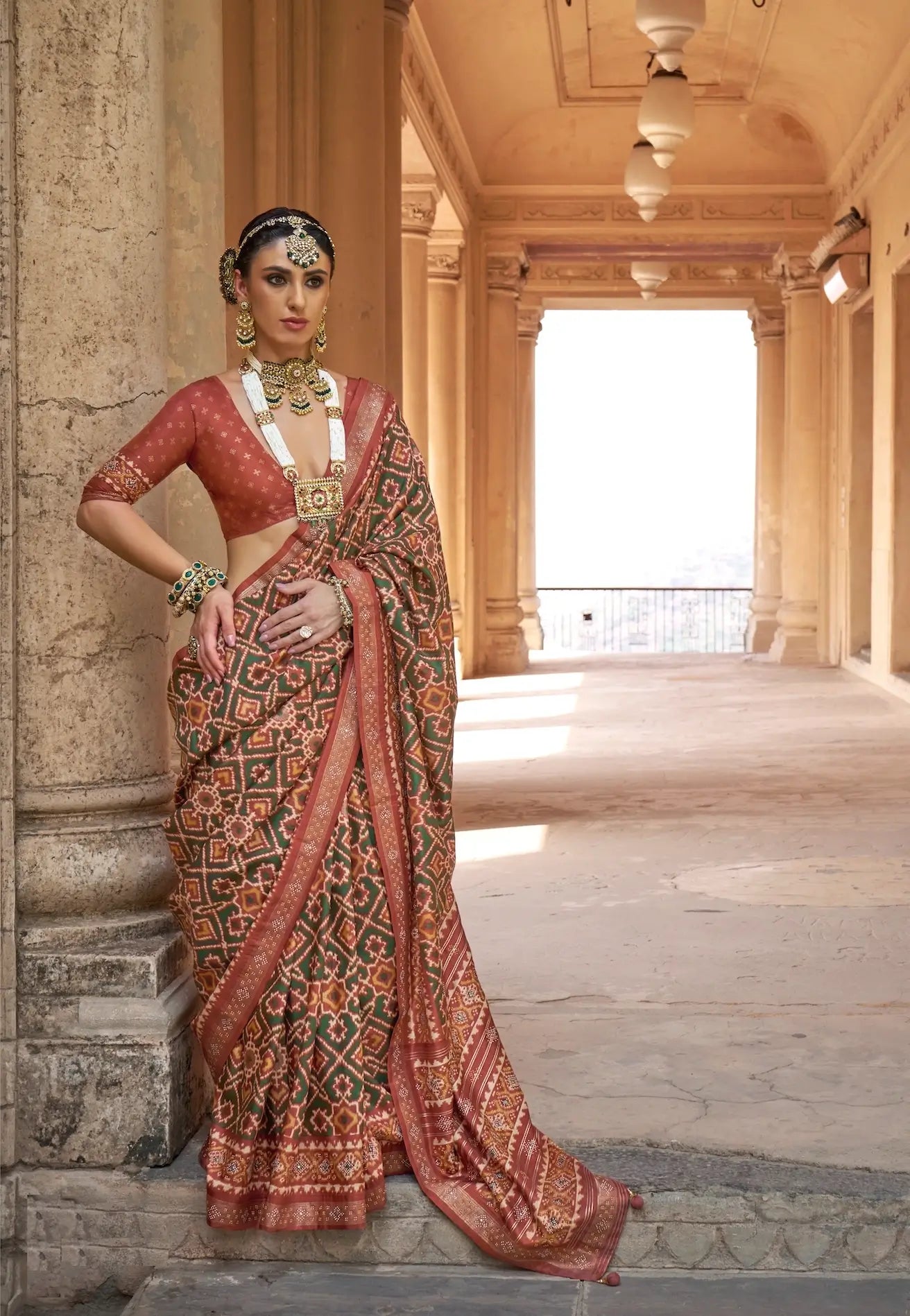 Forest Green-Red Silk Patola Saree