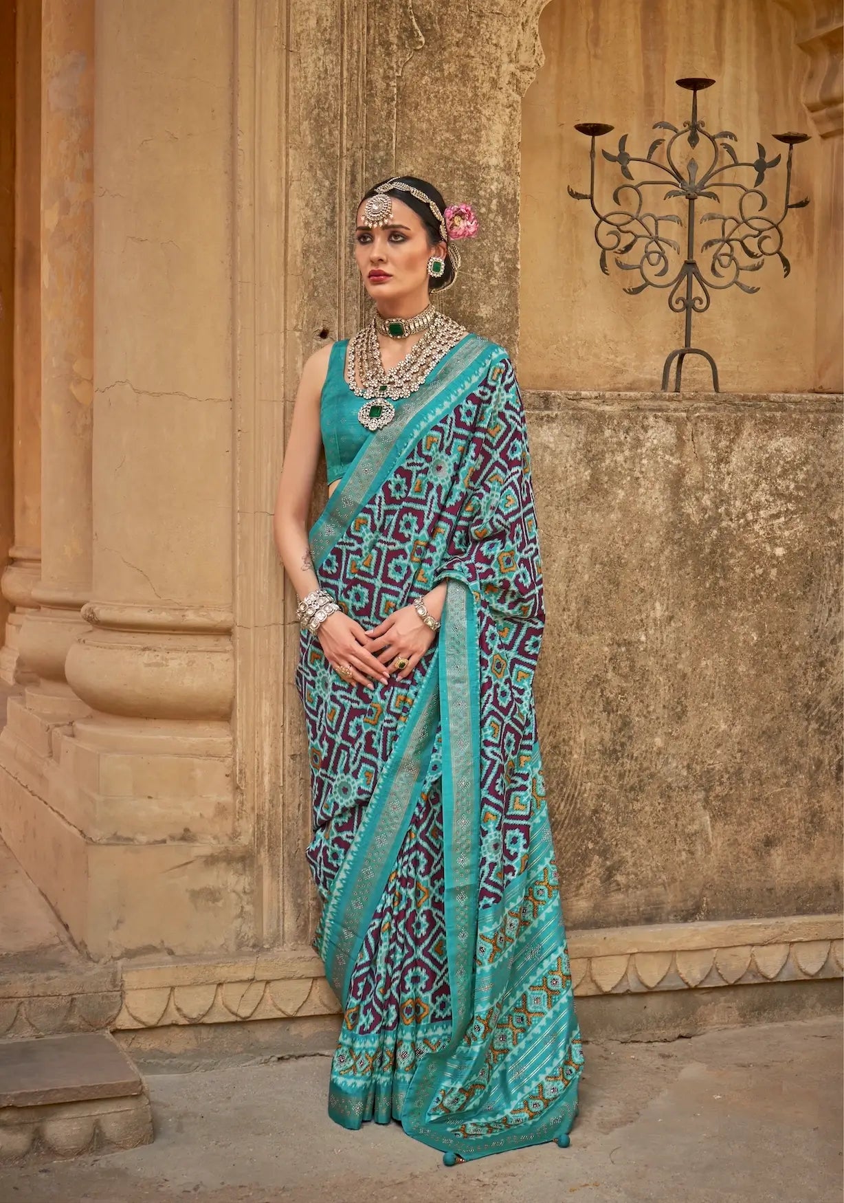 Wine Red-aqua Blue Silk Patola Saree