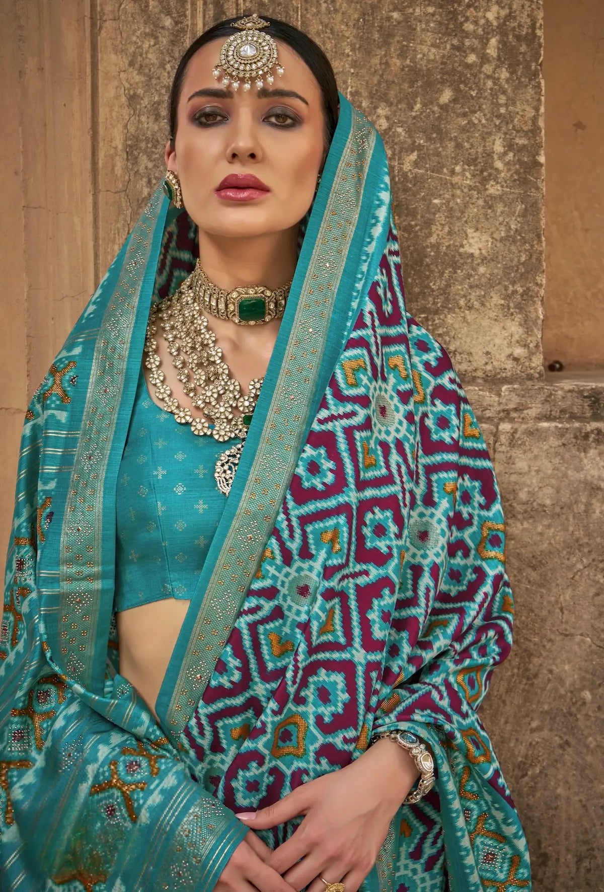 Wine Red-aqua Blue Silk Patola Saree
