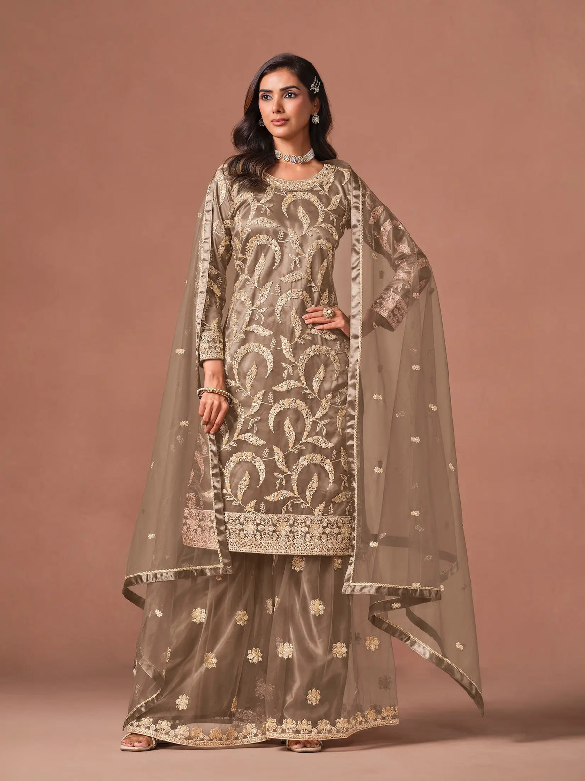 Mocha Brown Embroidered Salwar Suit