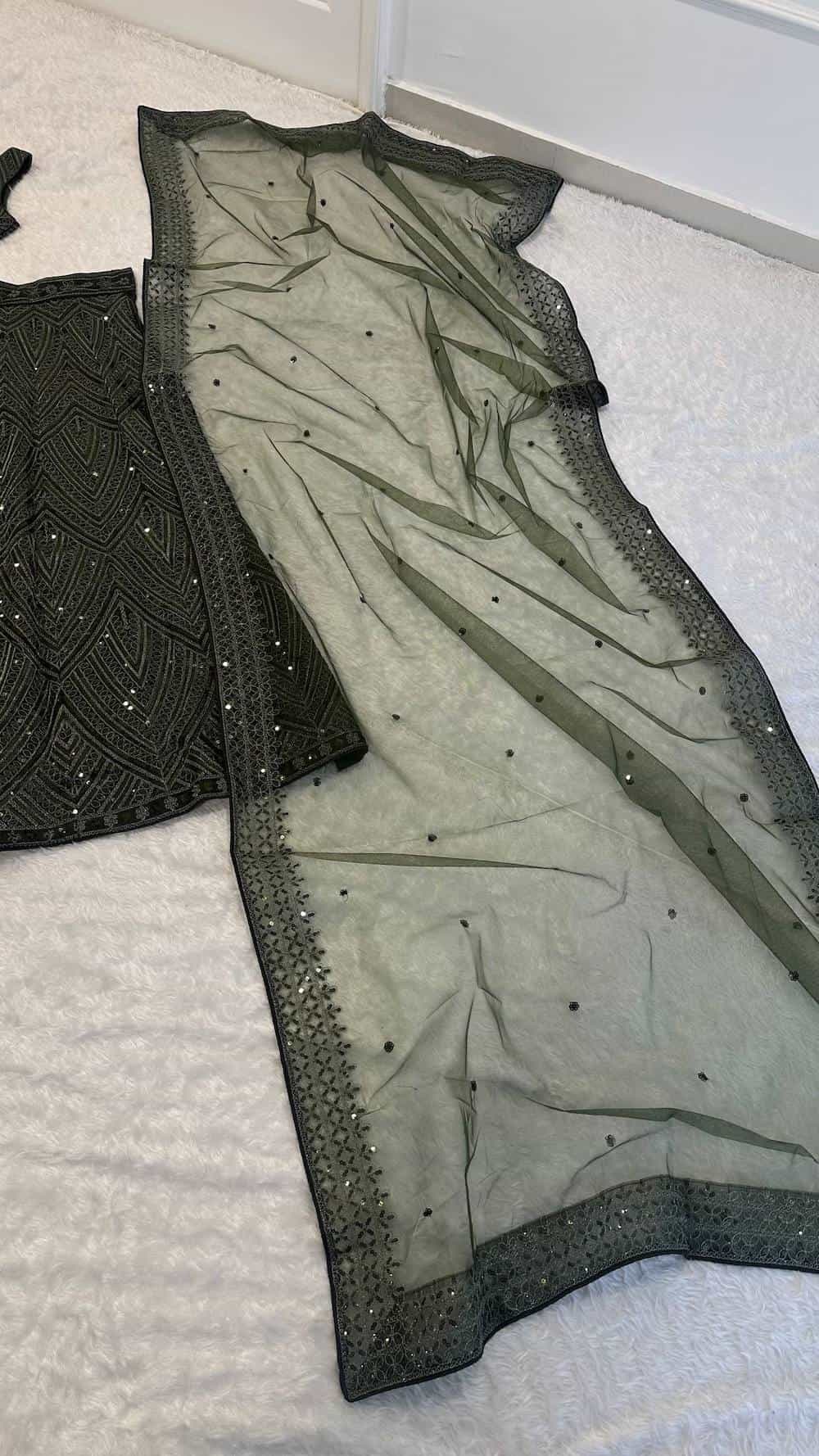 Deep Olive Chinon Embroidery Lehenga Choli