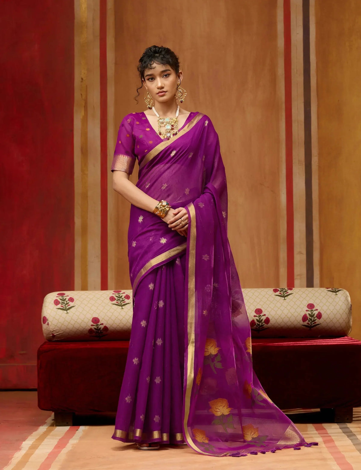 Warm Purple Cotton Handloom Weaving Saree