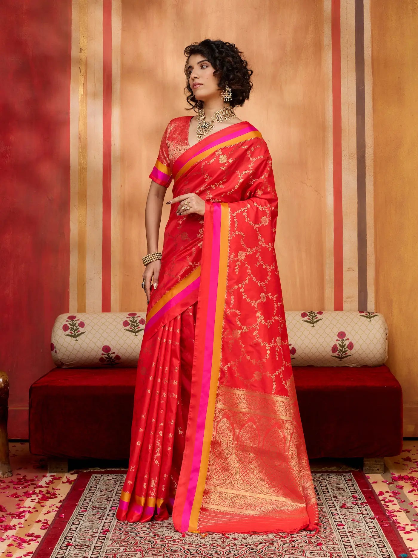 Bright Red Soft Silk Zari Weaving Saree