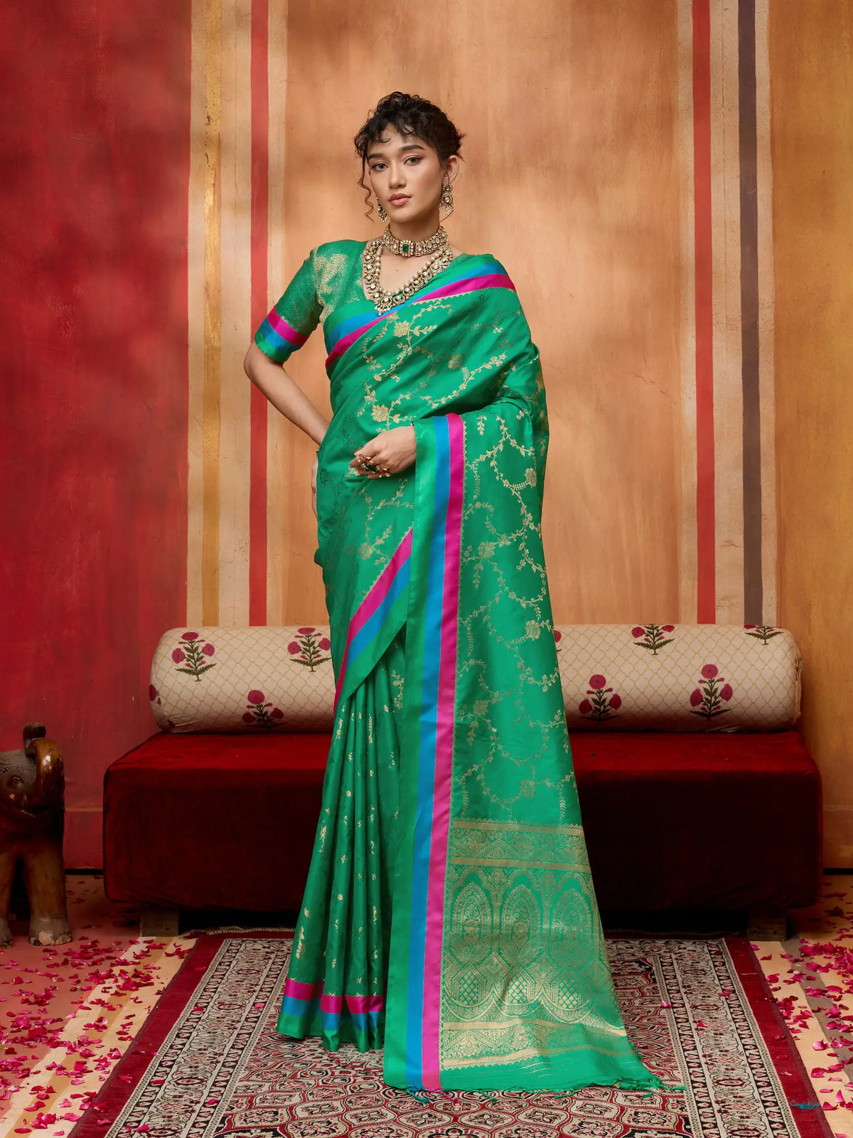 Pine Green Soft Silk Zari Weaving Saree