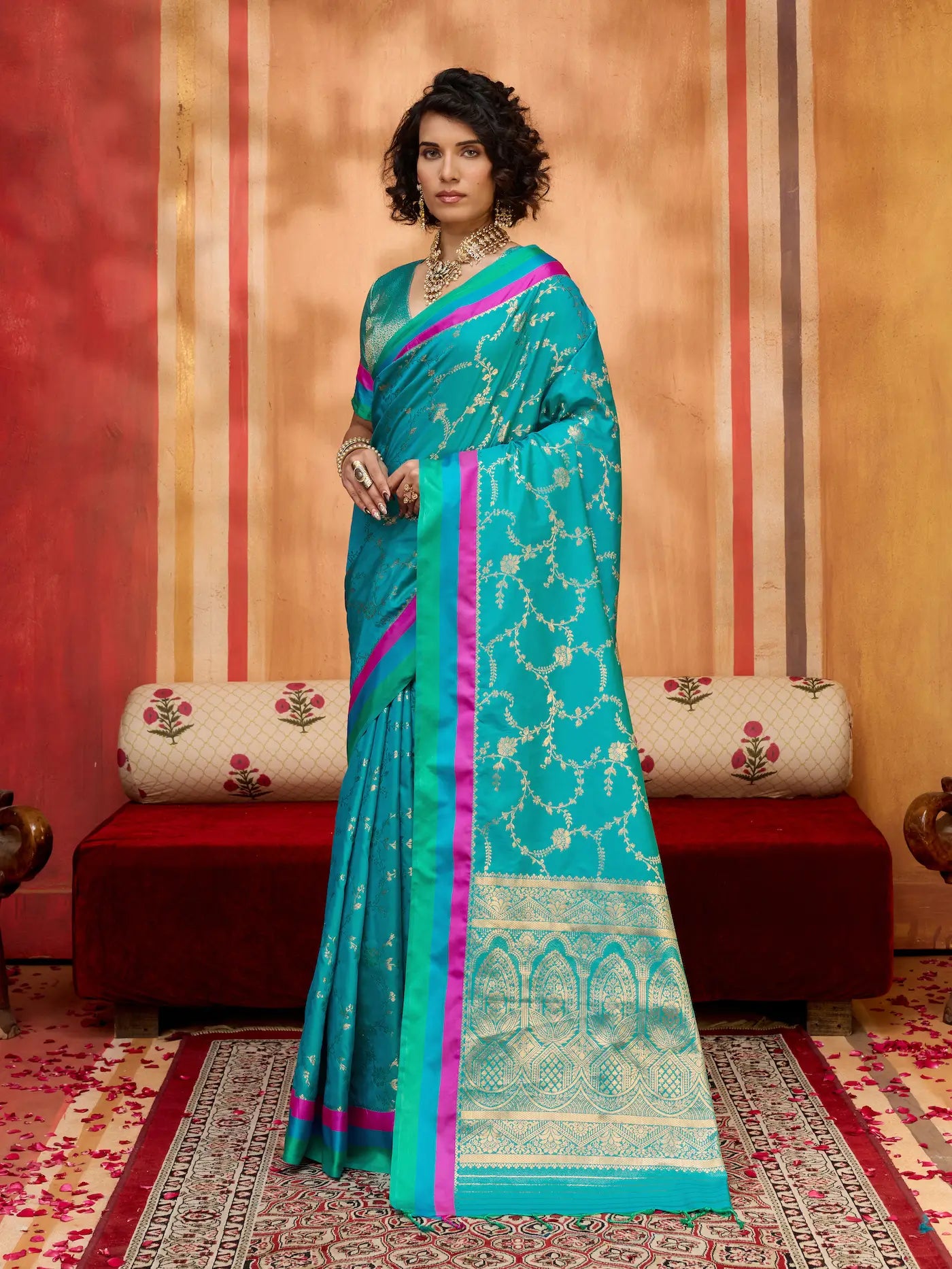 Teal Blue Soft Silk Zari Weaving Saree