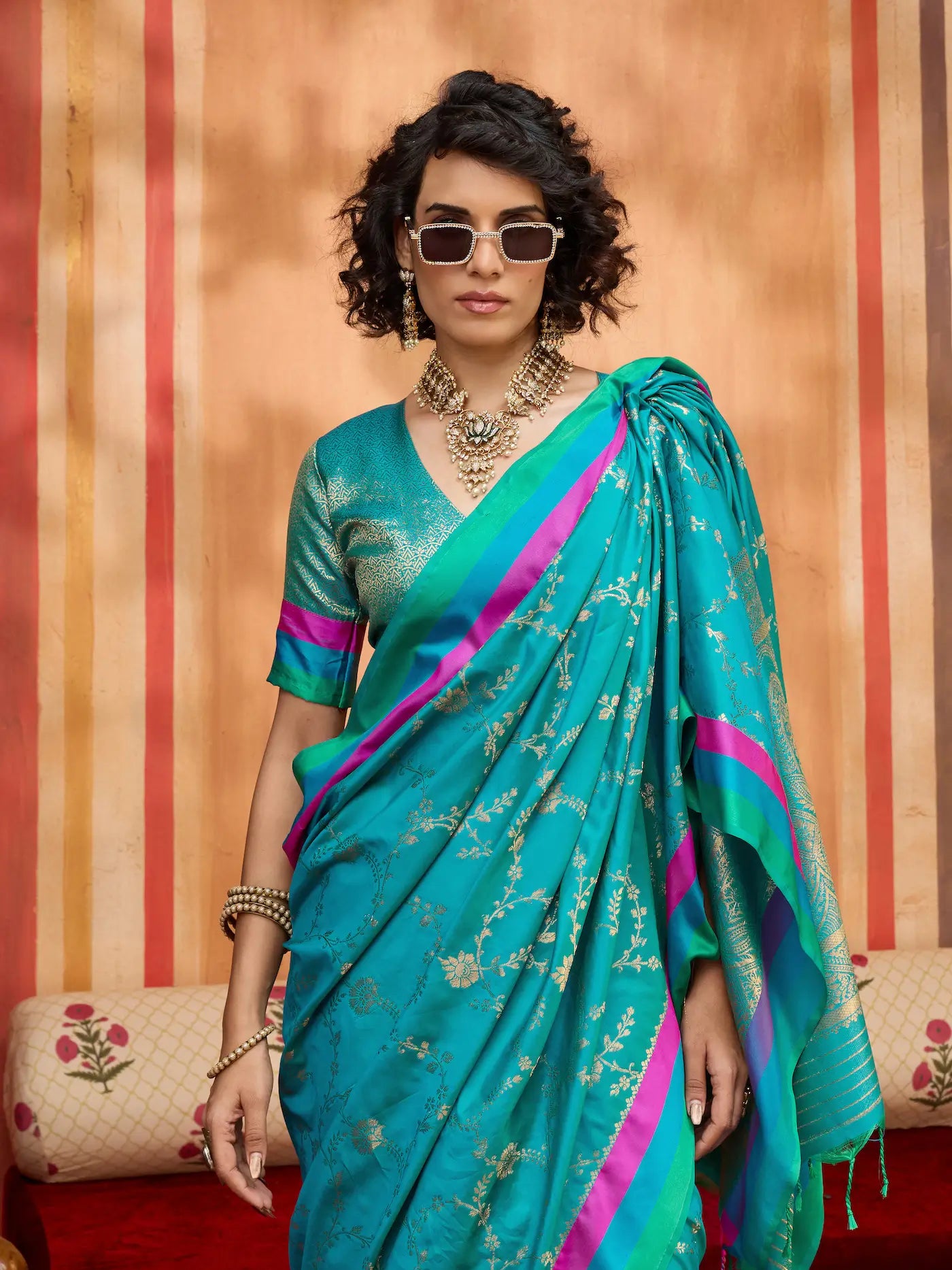 Teal Blue Soft Silk Zari Weaving Saree