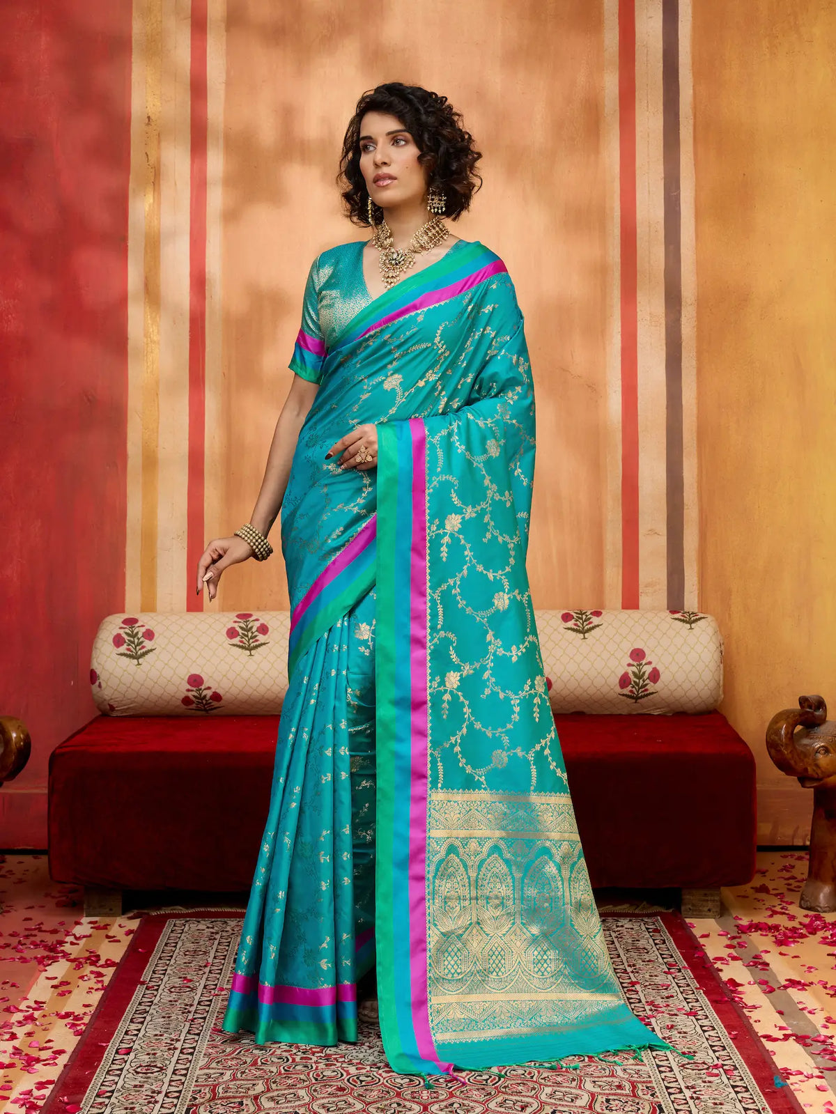 Teal Blue Soft Silk Zari Weaving Saree
