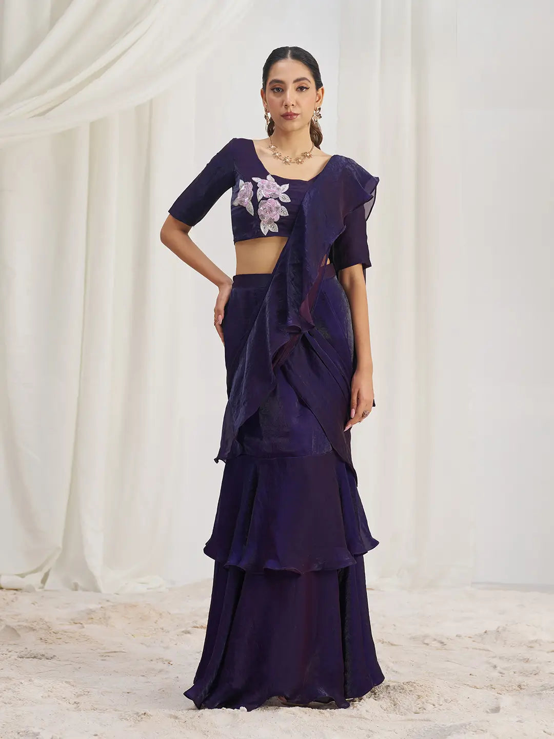 Wine Organza Party Wear Saree With Handwork