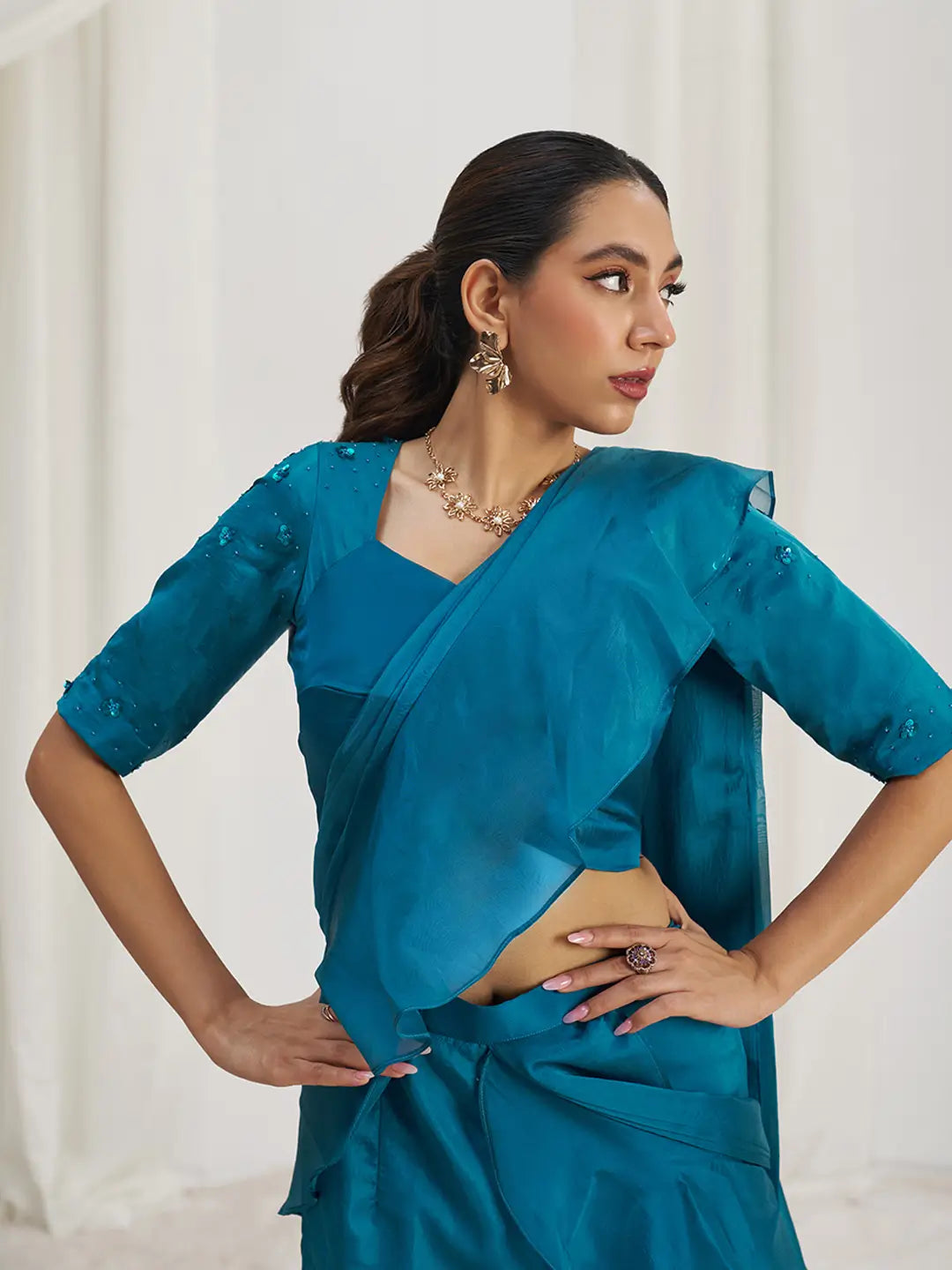 Teal Blue Organza Party Wear Saree With Handwork