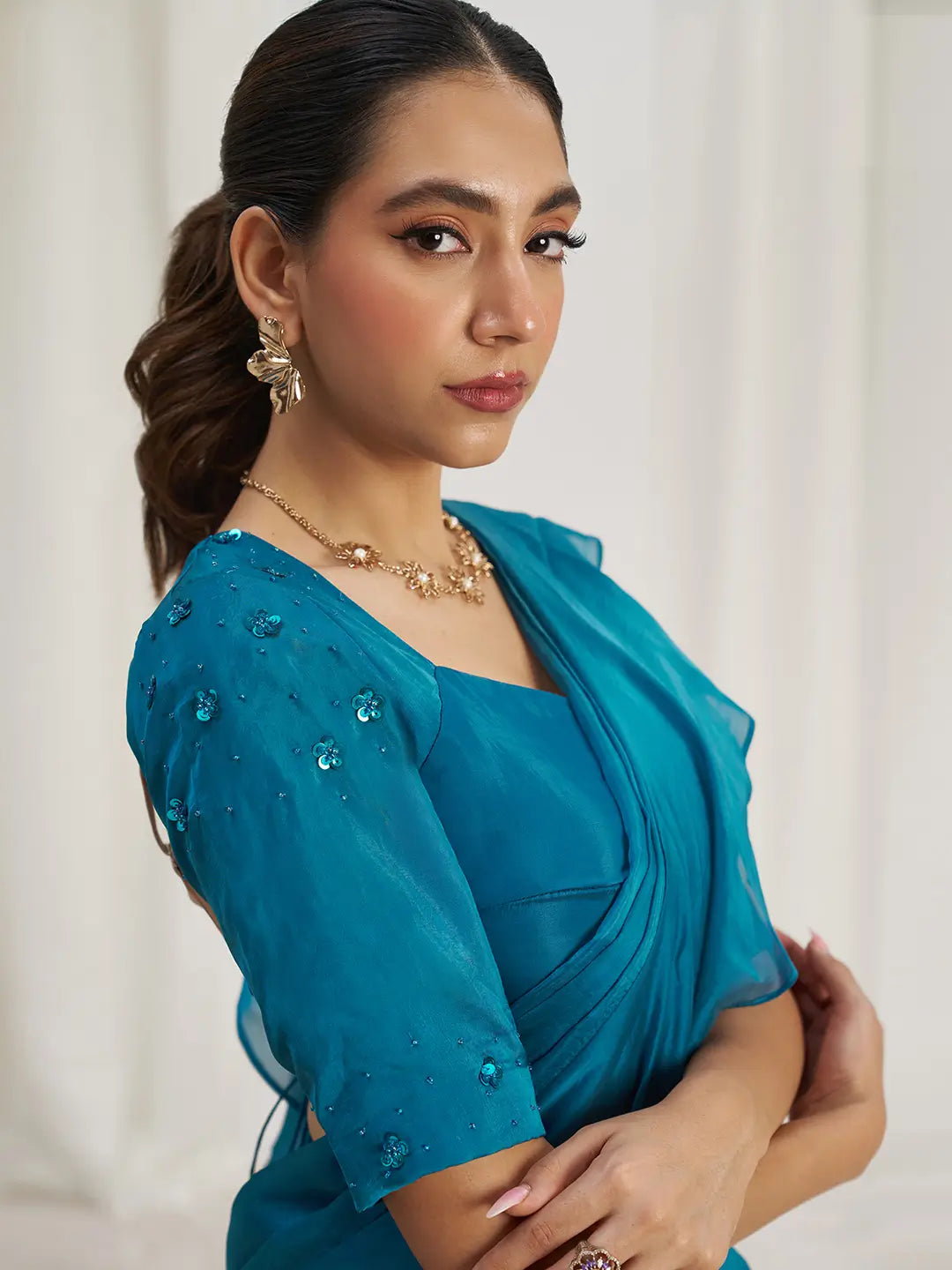 Teal Blue Organza Party Wear Saree With Handwork