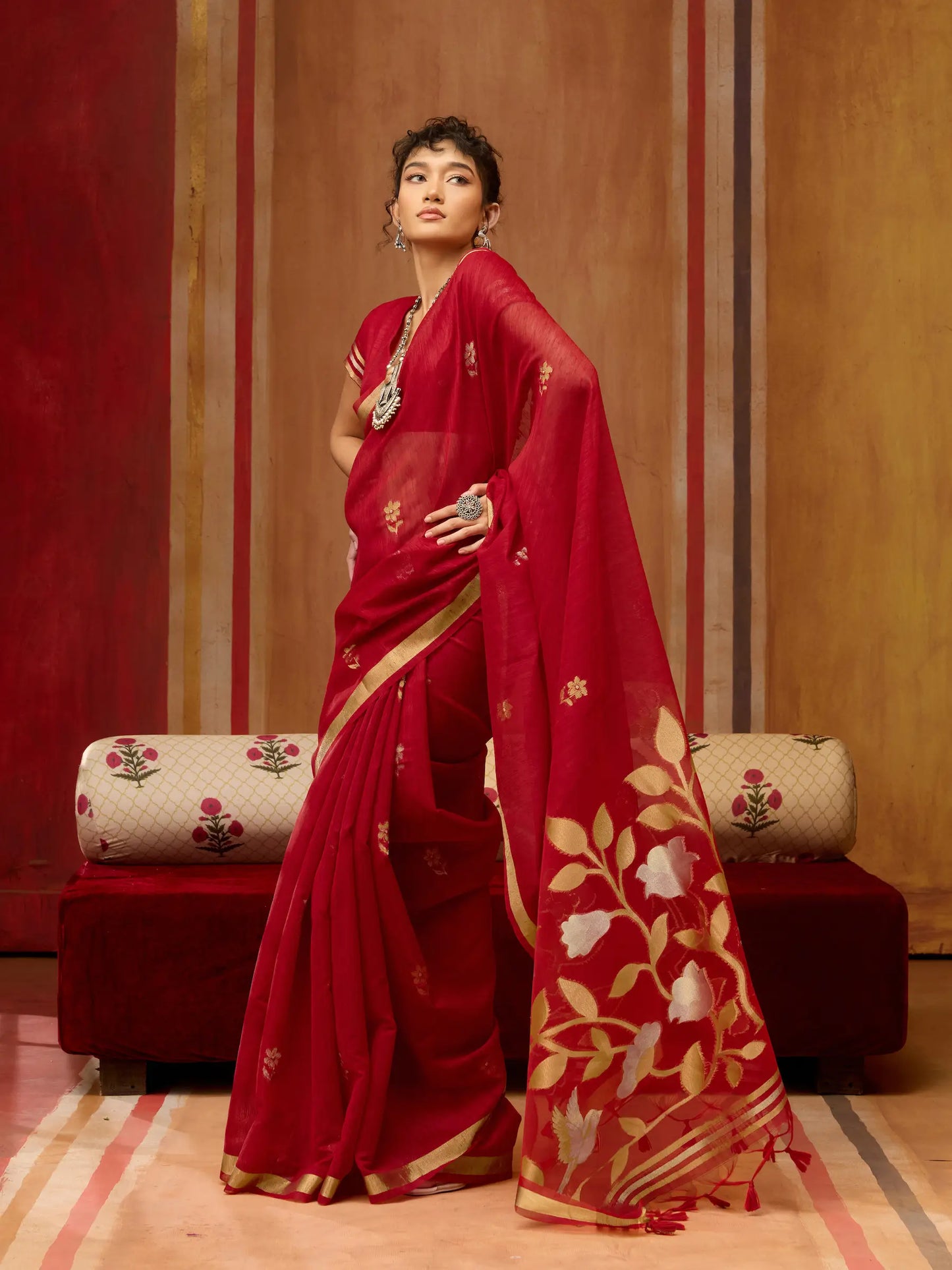 Scarlet Red Silk Zari Weaving Saree