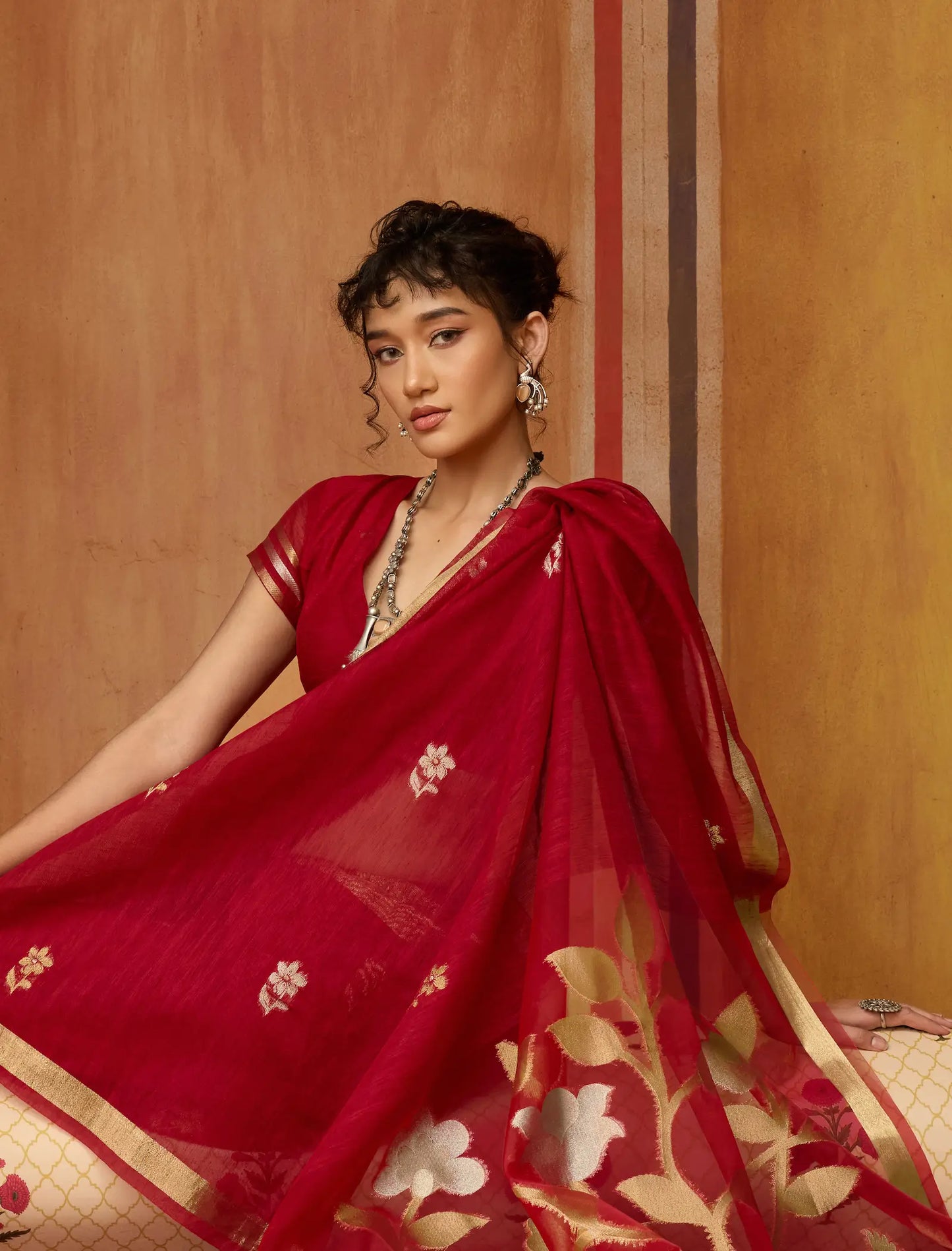 Scarlet Red Silk Zari Weaving Saree