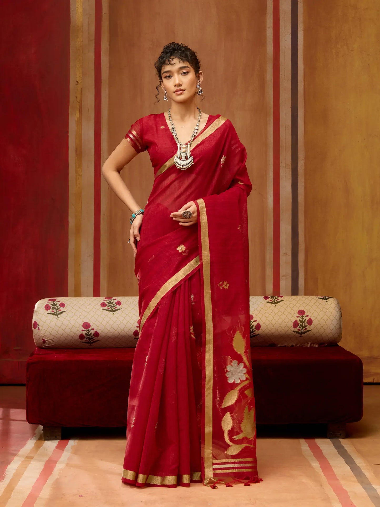 Scarlet Red Silk Zari Weaving Saree