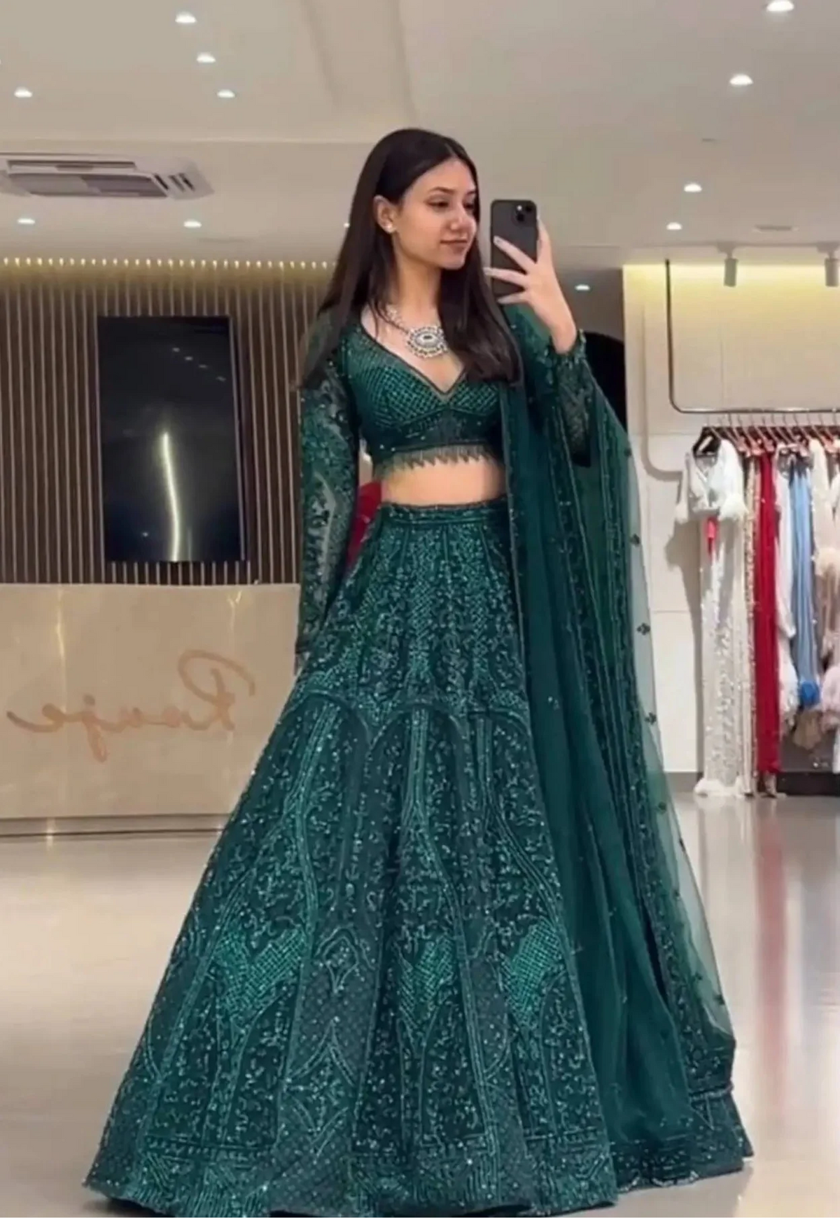 Bottle Green Net Embroidery Lehenga Choli