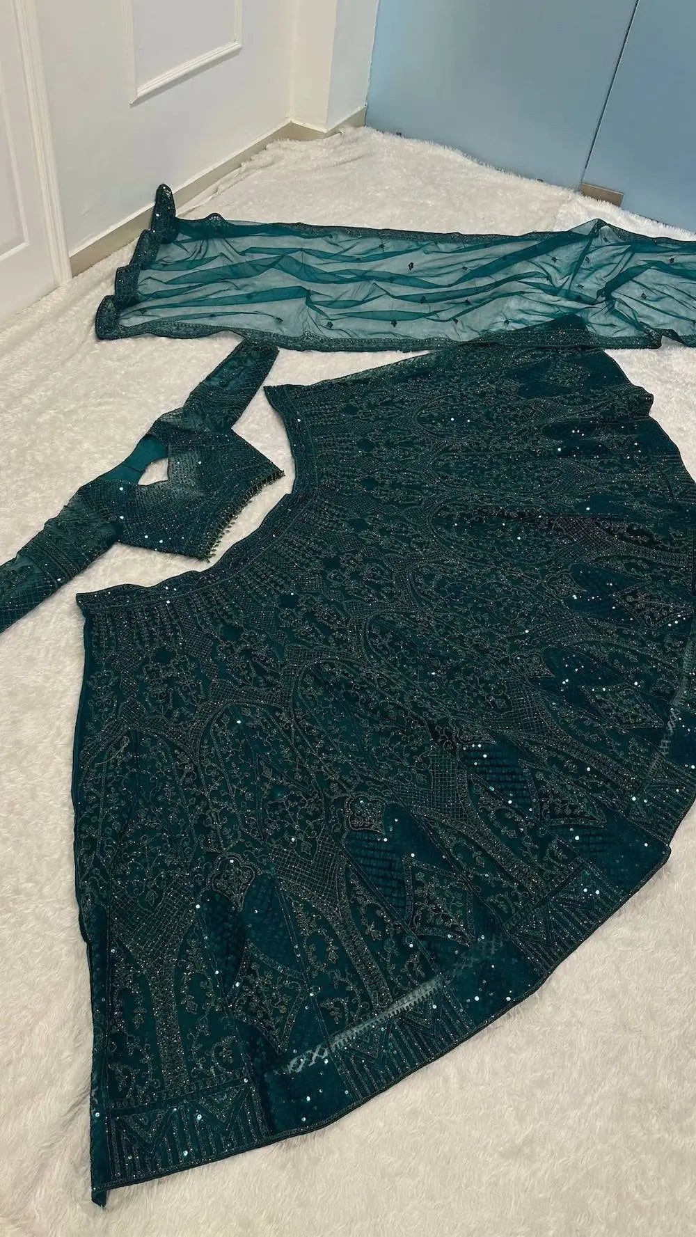 Bottle Green Net Embroidery Lehenga Choli