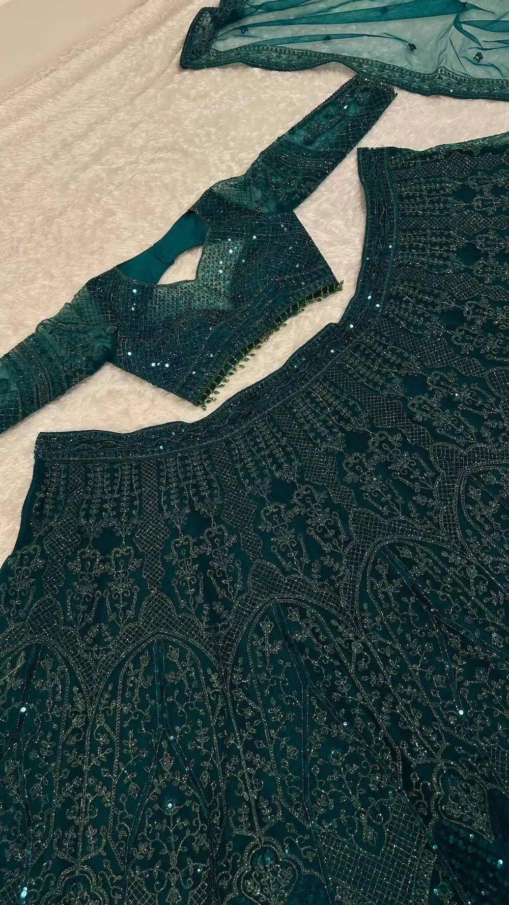 Bottle Green Net Embroidery Lehenga Choli