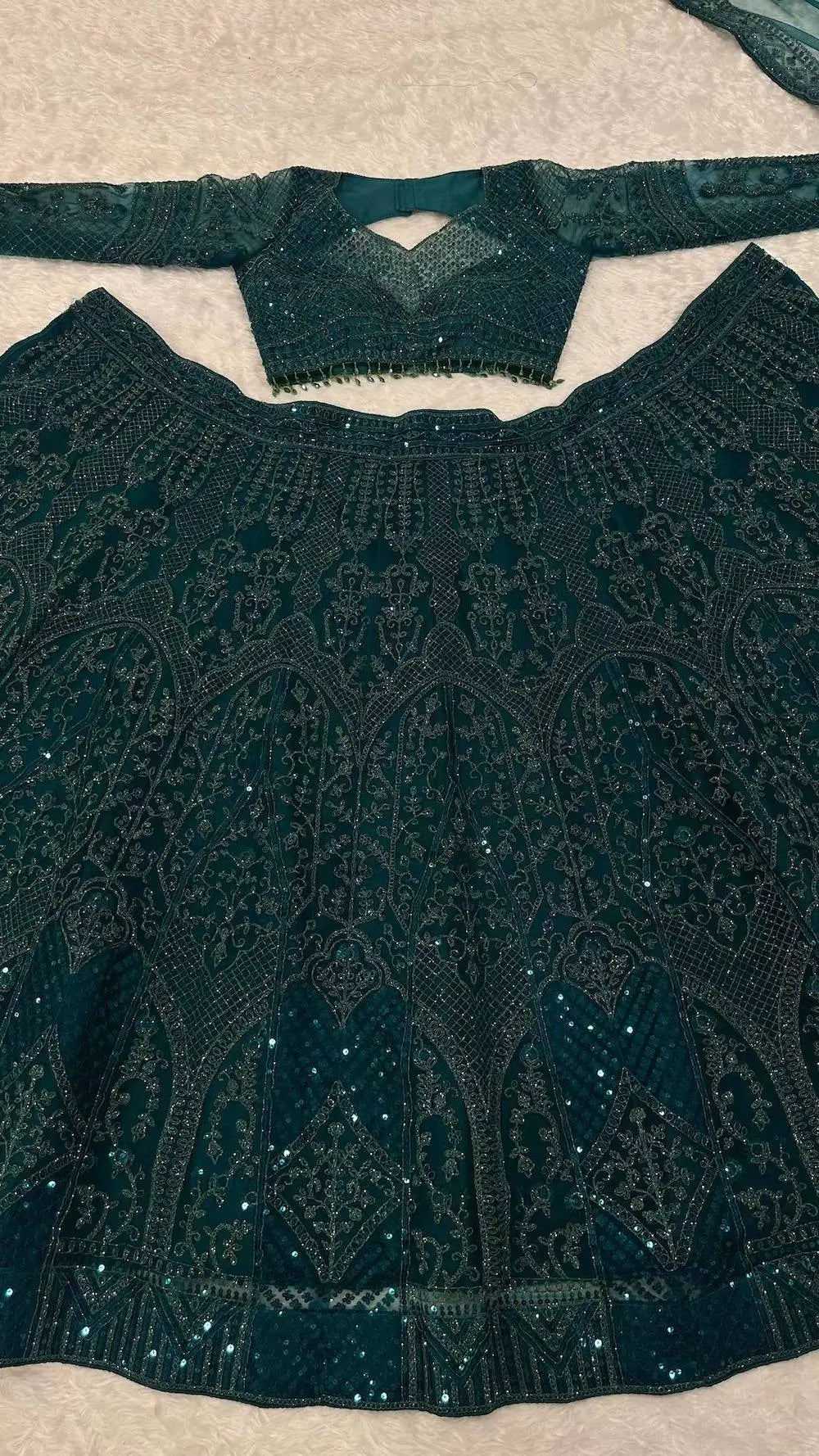 Bottle Green Net Embroidery Lehenga Choli