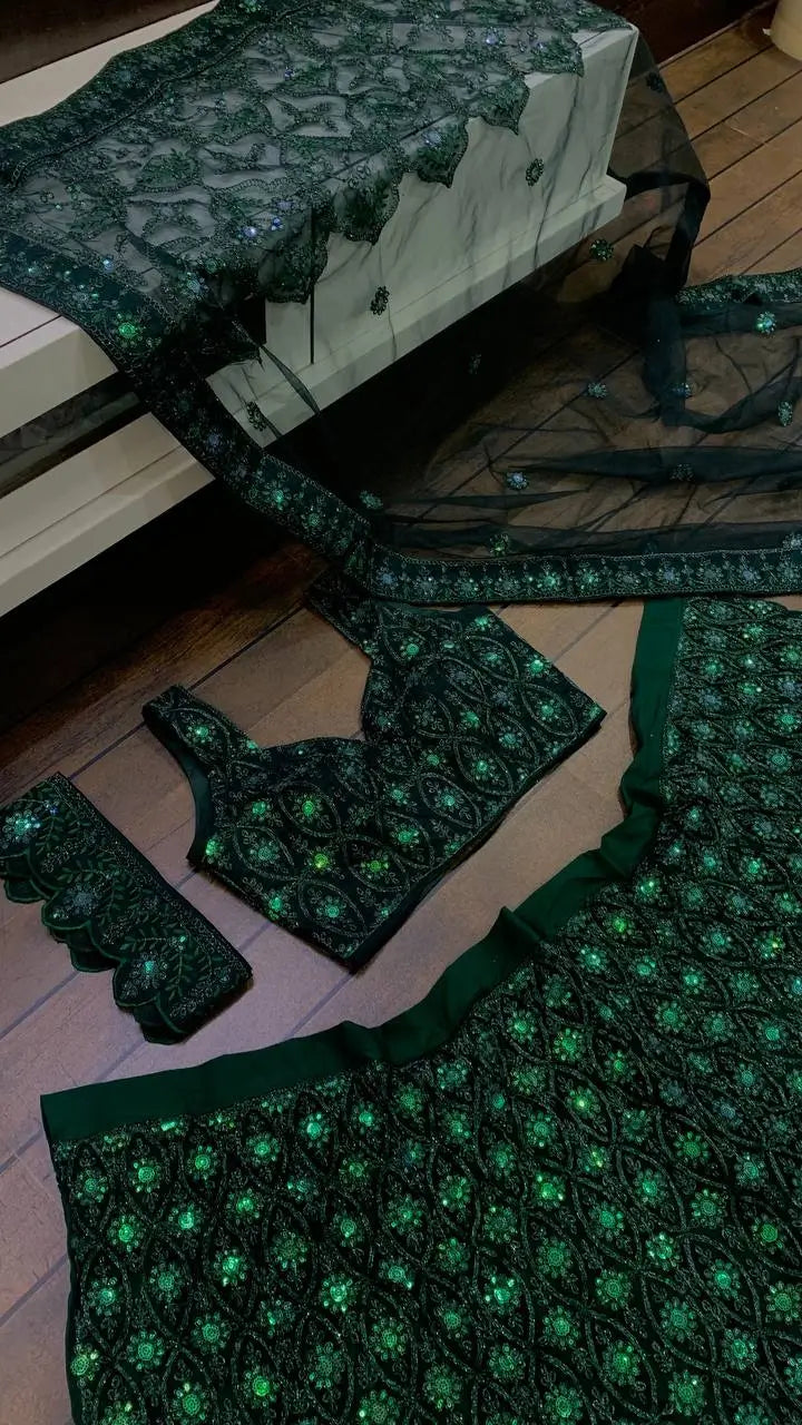 Green Net Thread, Sequence & Dori Work Lehenga Choli