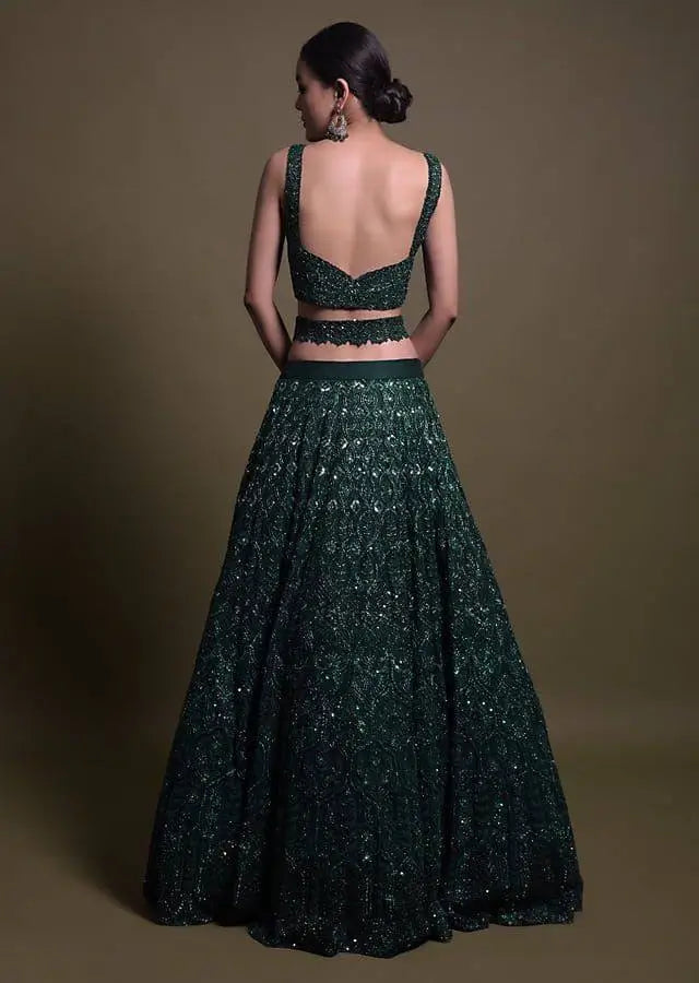 Green Net Thread, Sequence & Dori Work Lehenga Choli