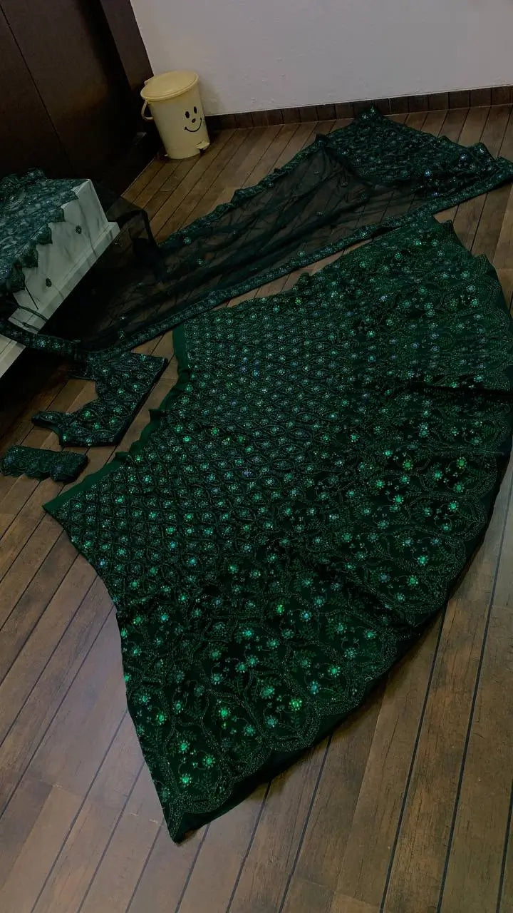Green Net Thread, Sequence & Dori Work Lehenga Choli