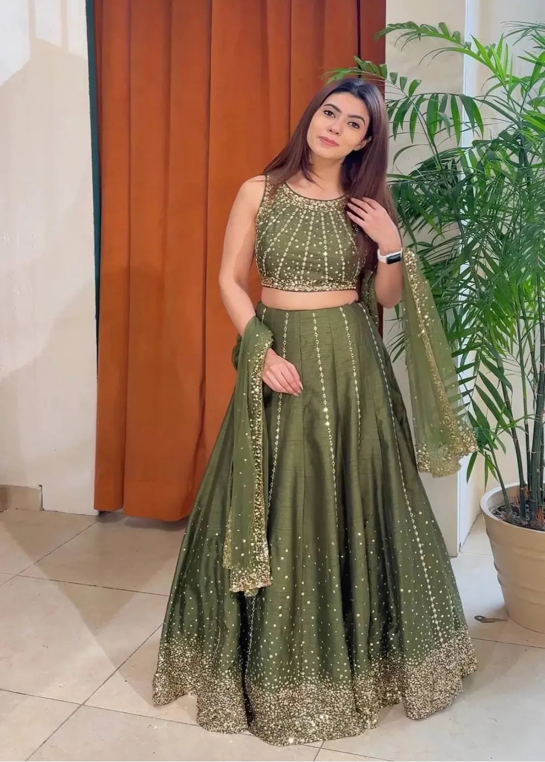 Olive Green Sequins Embroidery Lehenga Choli
