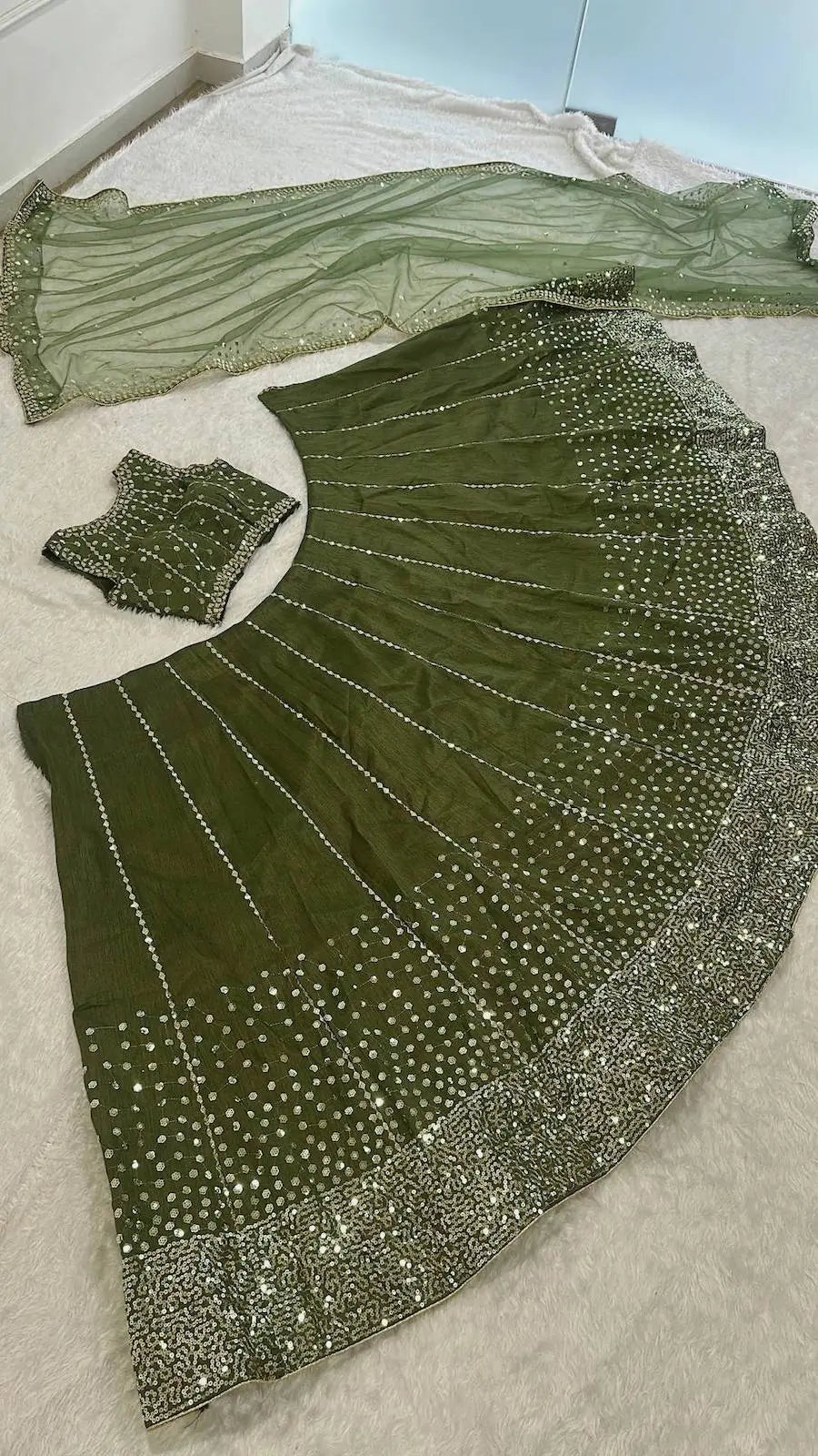 Olive Green Sequins Embroidery Lehenga Choli