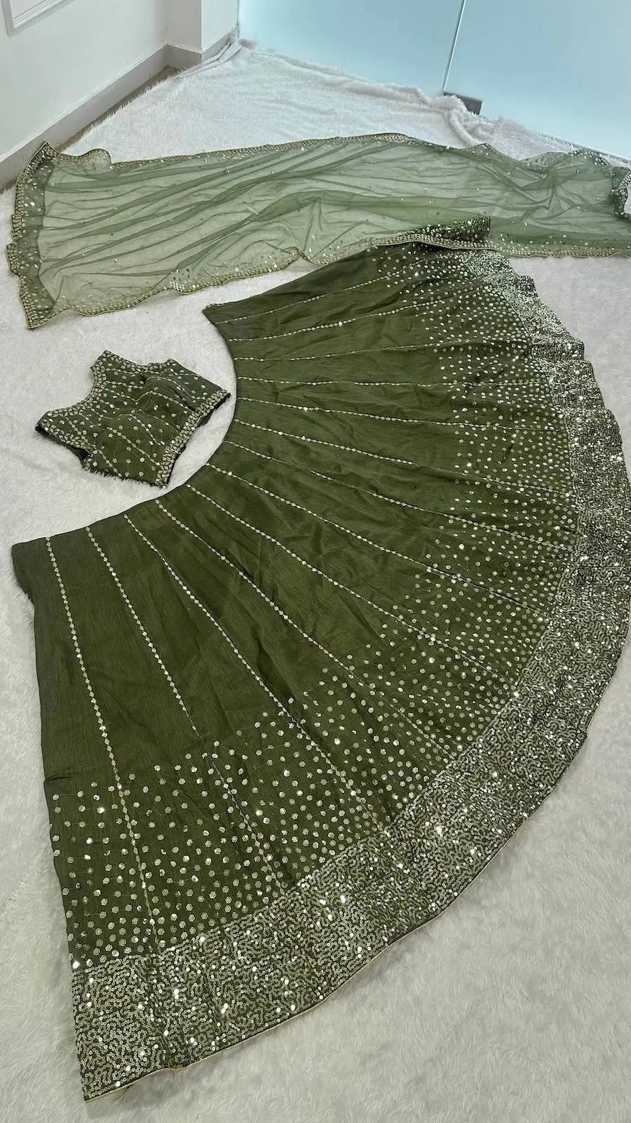 Olive Green Sequins Embroidery Lehenga Choli