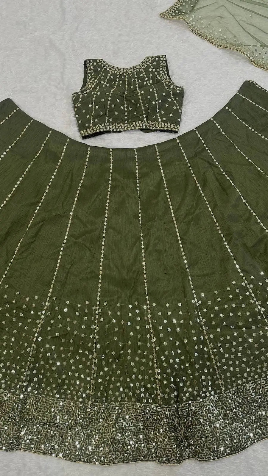 Olive Green Sequins Embroidery Lehenga Choli