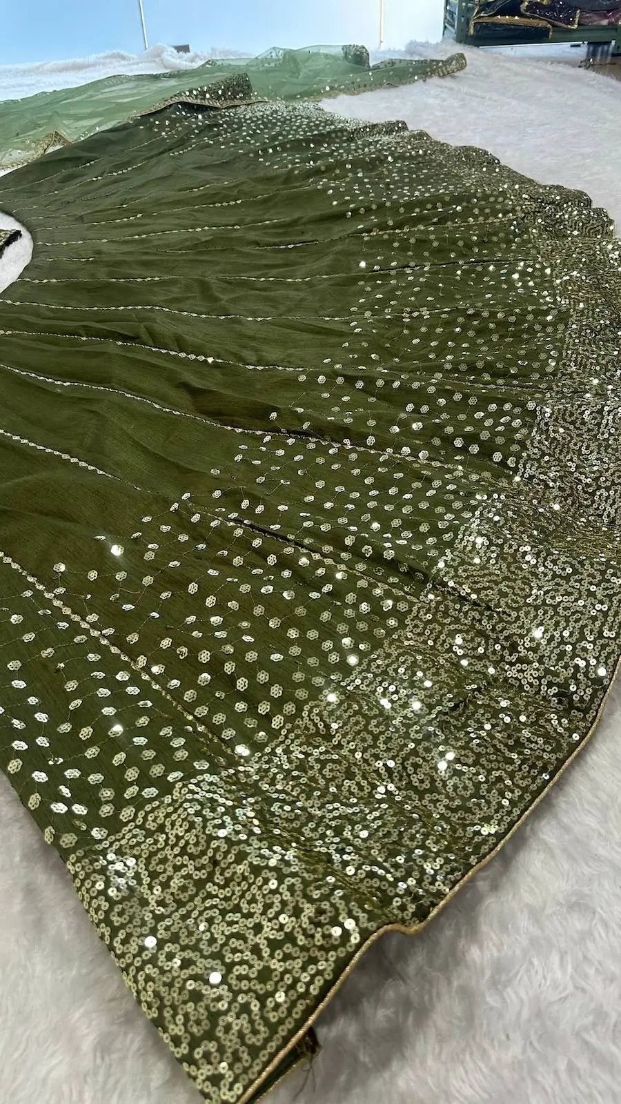 Olive Green Sequins Embroidery Lehenga Choli