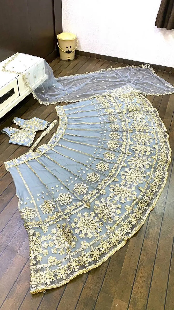 Sky Blue Net Lehenga Choli With Foil Mirror & Zari Work