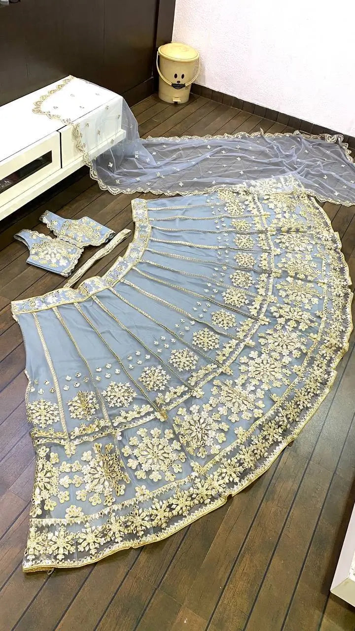 Sky Blue Net Lehenga Choli With Foil Mirror & Zari Work