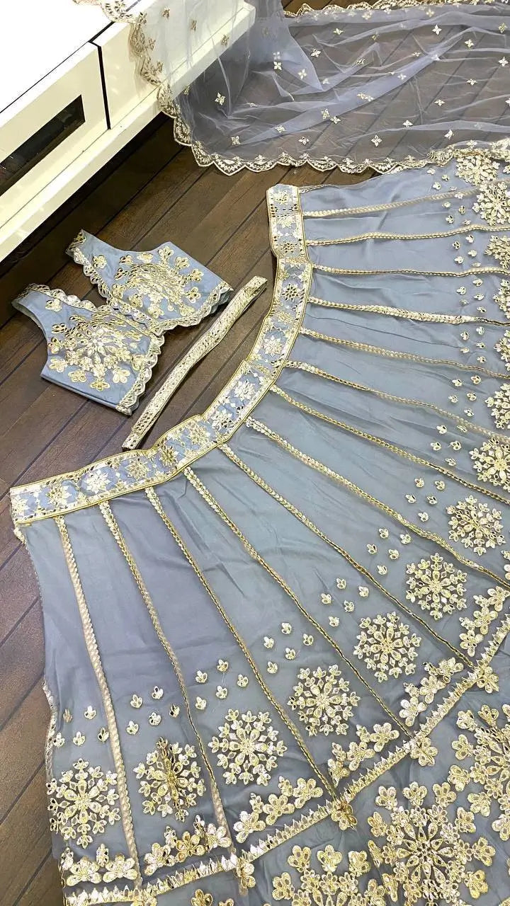 Sky Blue Net Lehenga Choli With Foil Mirror & Zari Work