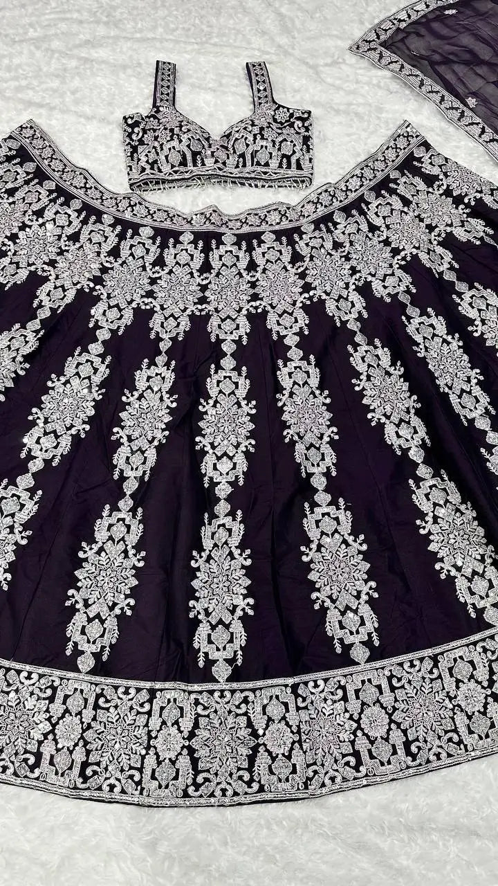 Dark Violet Kasturi Silk Thread with Sequence Embroidery Work Lehenga Choli