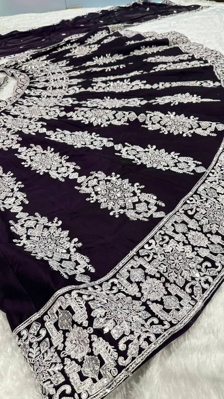 Dark Violet Kasturi Silk Thread with Sequence Embroidery Work Lehenga Choli